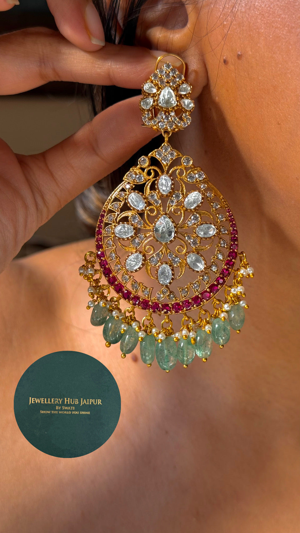 Mint & ruby long Chandbali