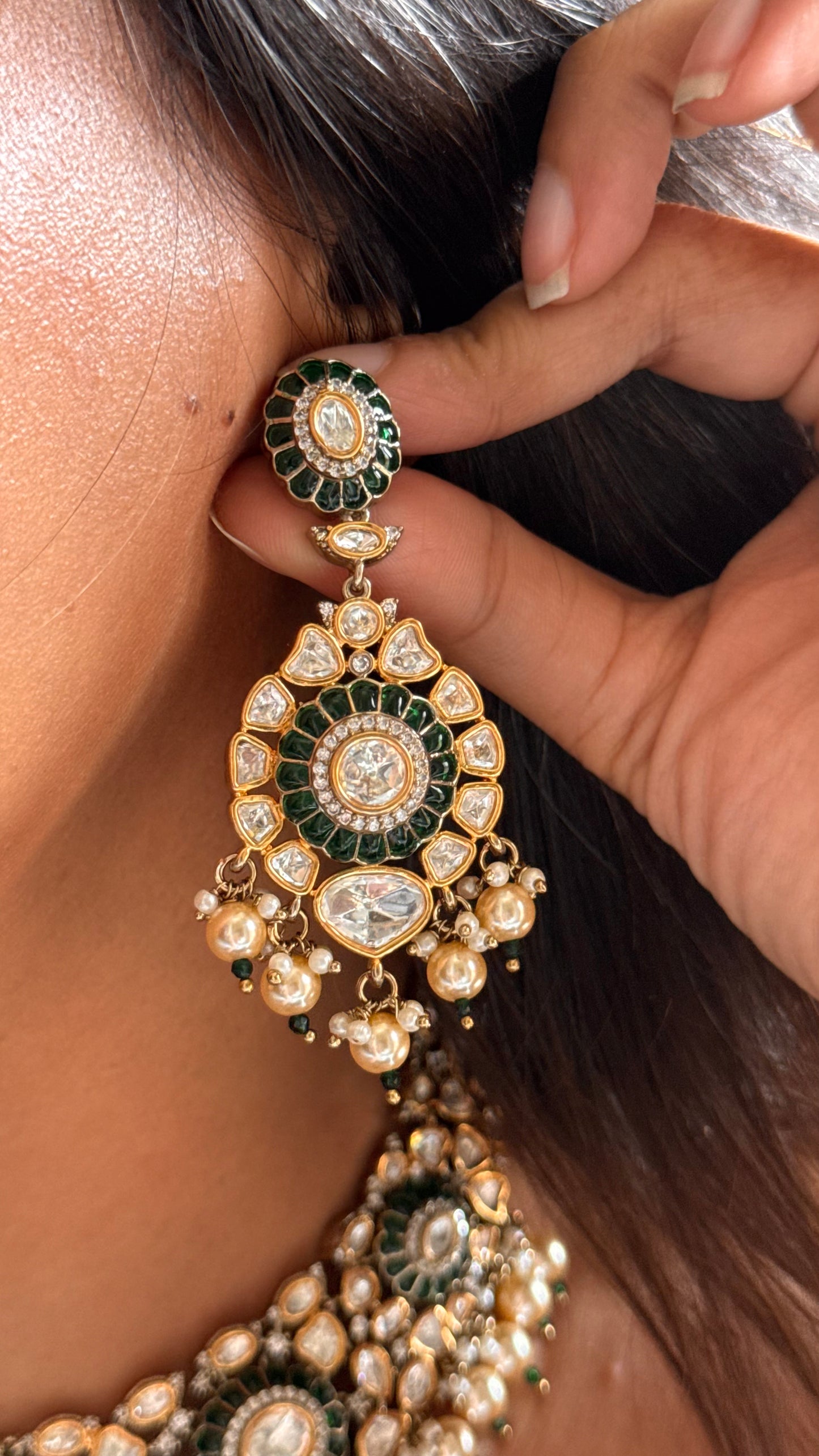 Emerald uncut polki with drops designer Necklace