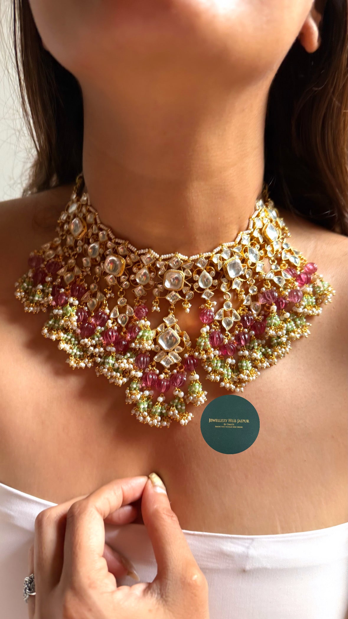 Paachi Heritage Rani pink & mint drops Kundan bridal set