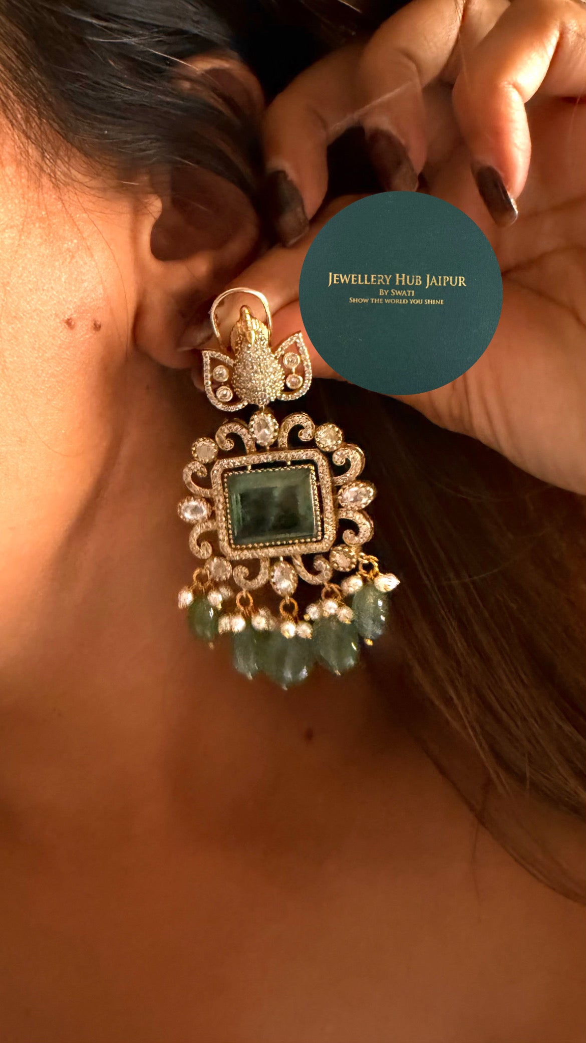 Mint doublet moissanite peacock with rani pink drops set