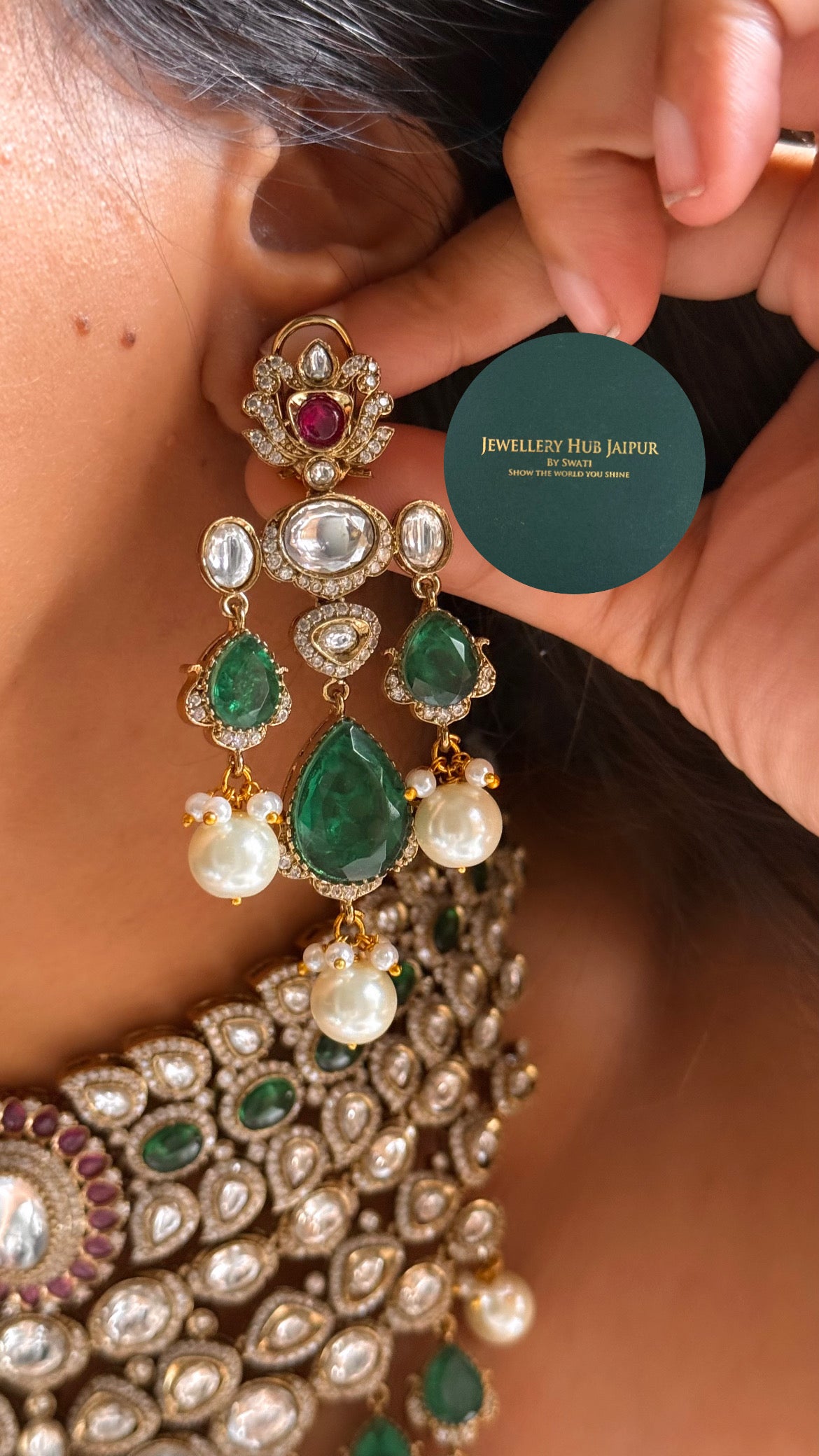 Emerald doublet & rani pink moissanite polki Victorian bridal choker set