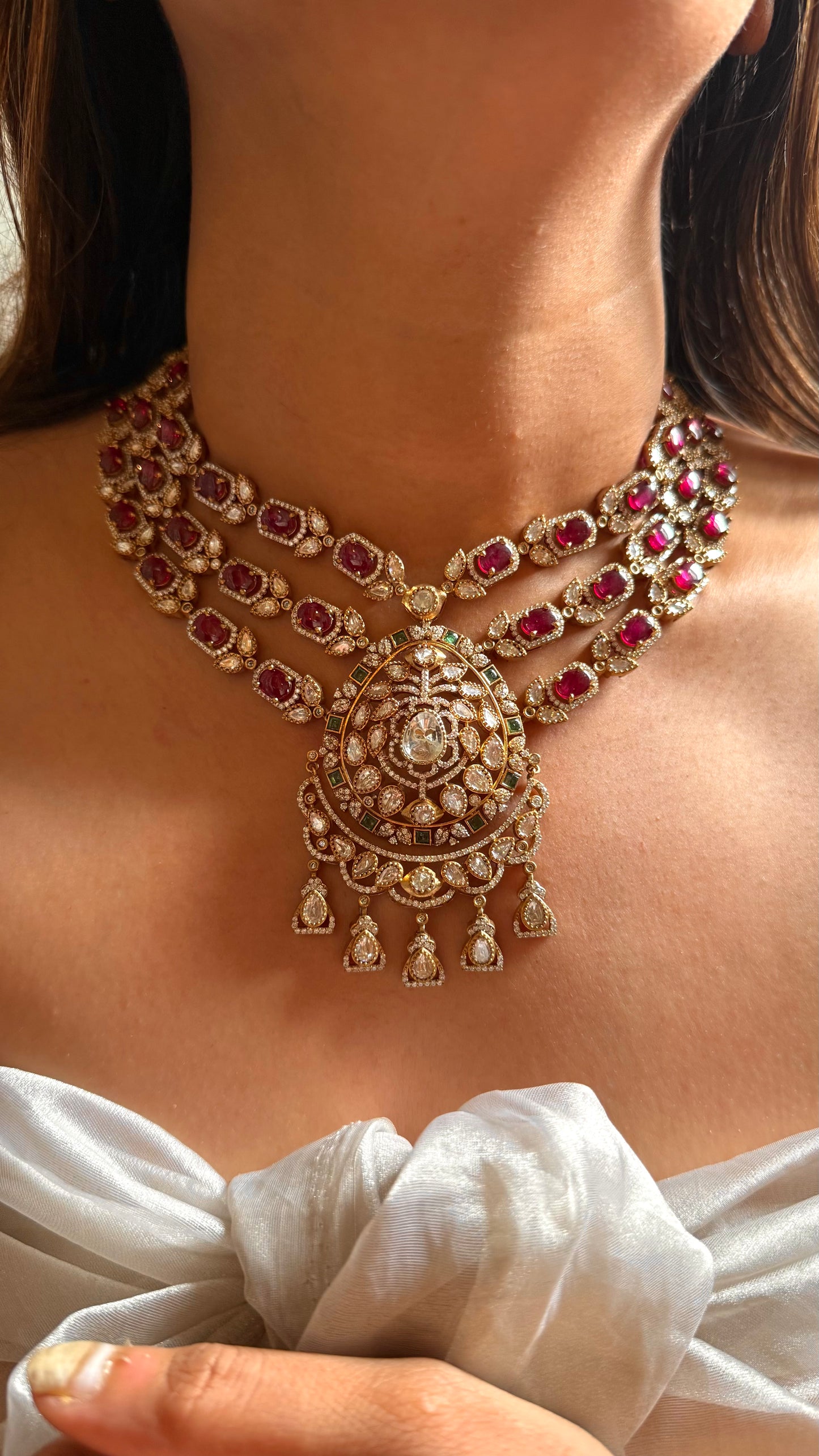 Rani pink doublet moissanite 3 layer with emerald collar set