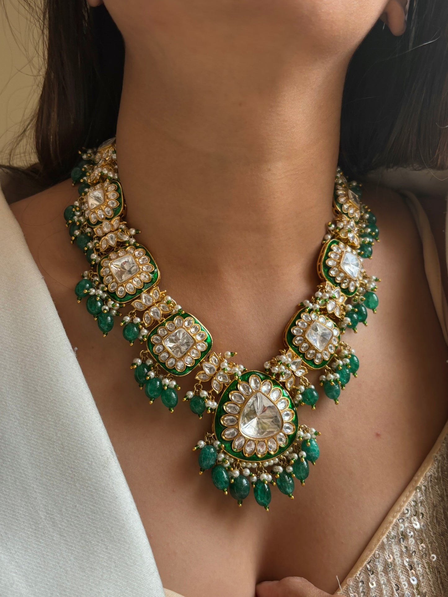 Emerald kundan meenakari necklace