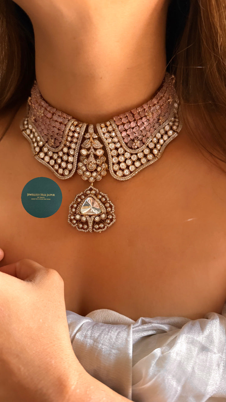 Rose quartz & moissanite polki designer choker set