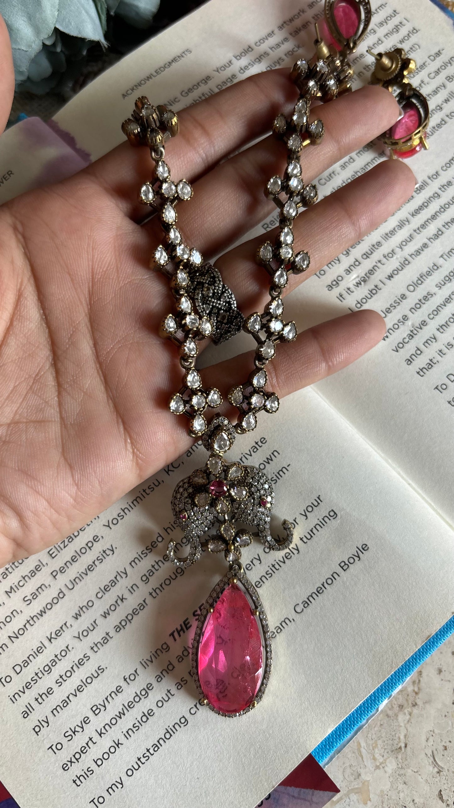 Hot pink Moissanite collar necklace with earrings