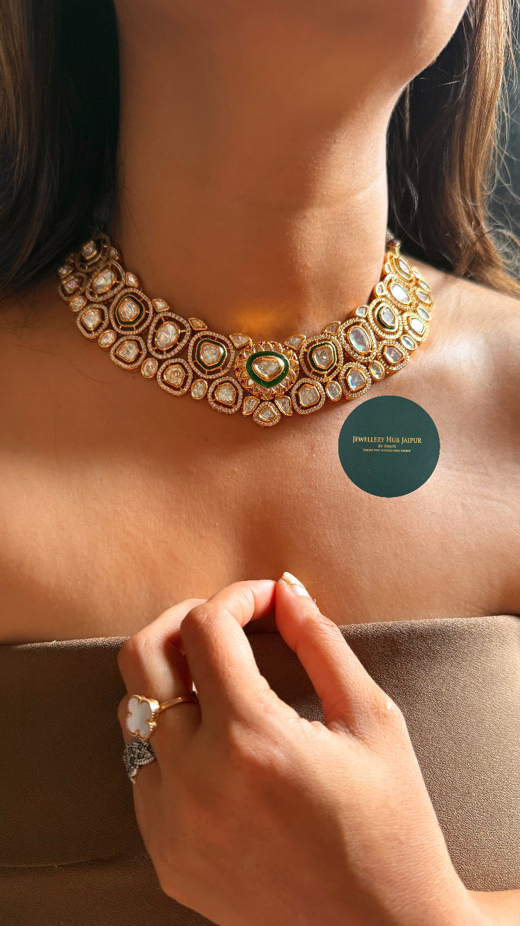Emerald meenakari & rani pink polki collar set