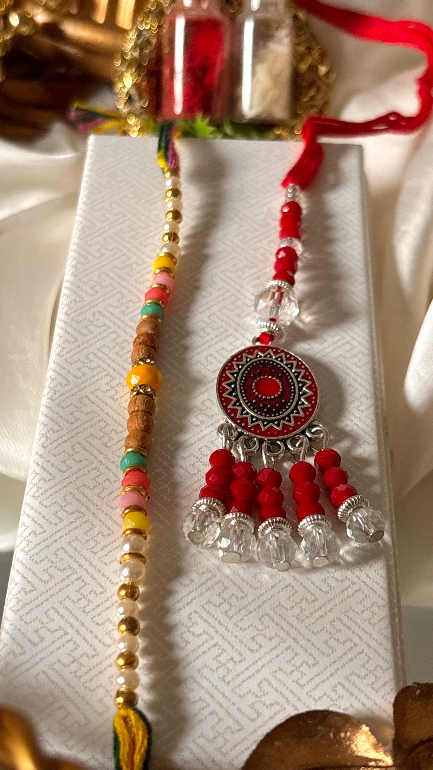 Bhaiya bhabhi lumba red nakashi oxidised rakhi ( shipping will be extra )