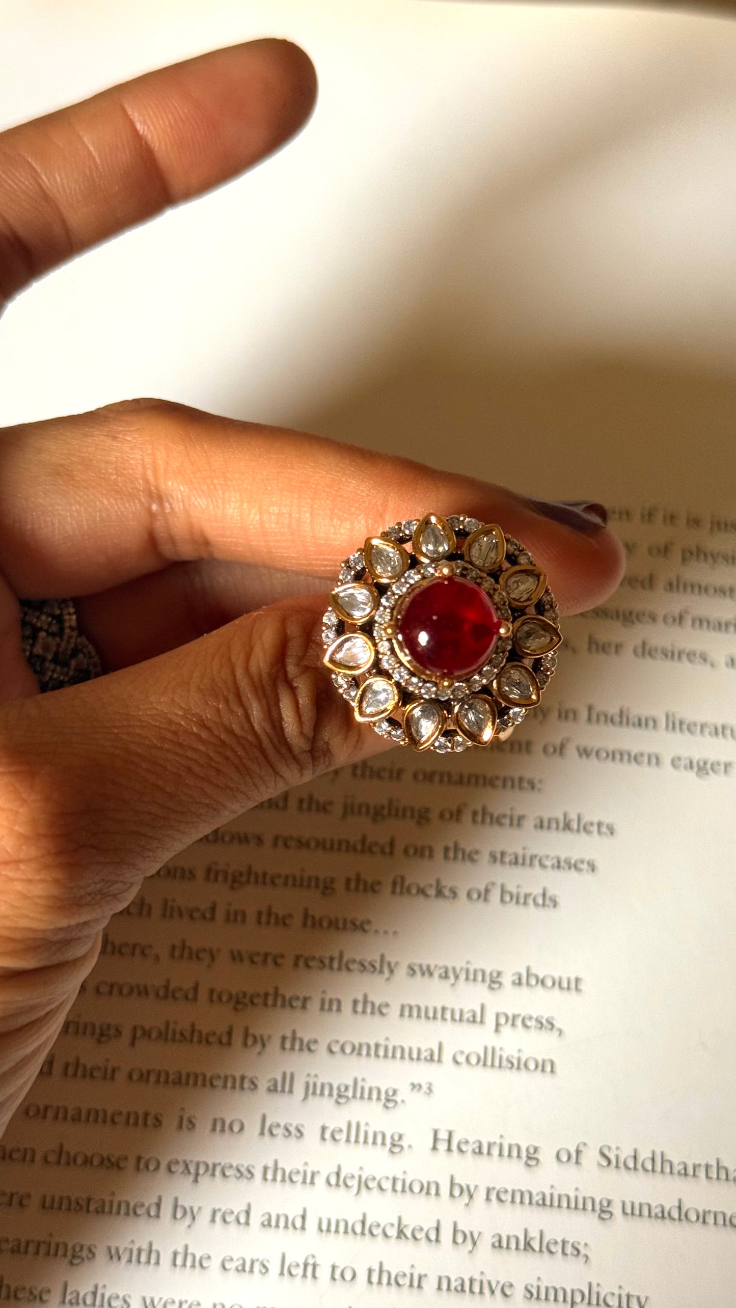 Ruby doublet moissanite floral adjustable ring