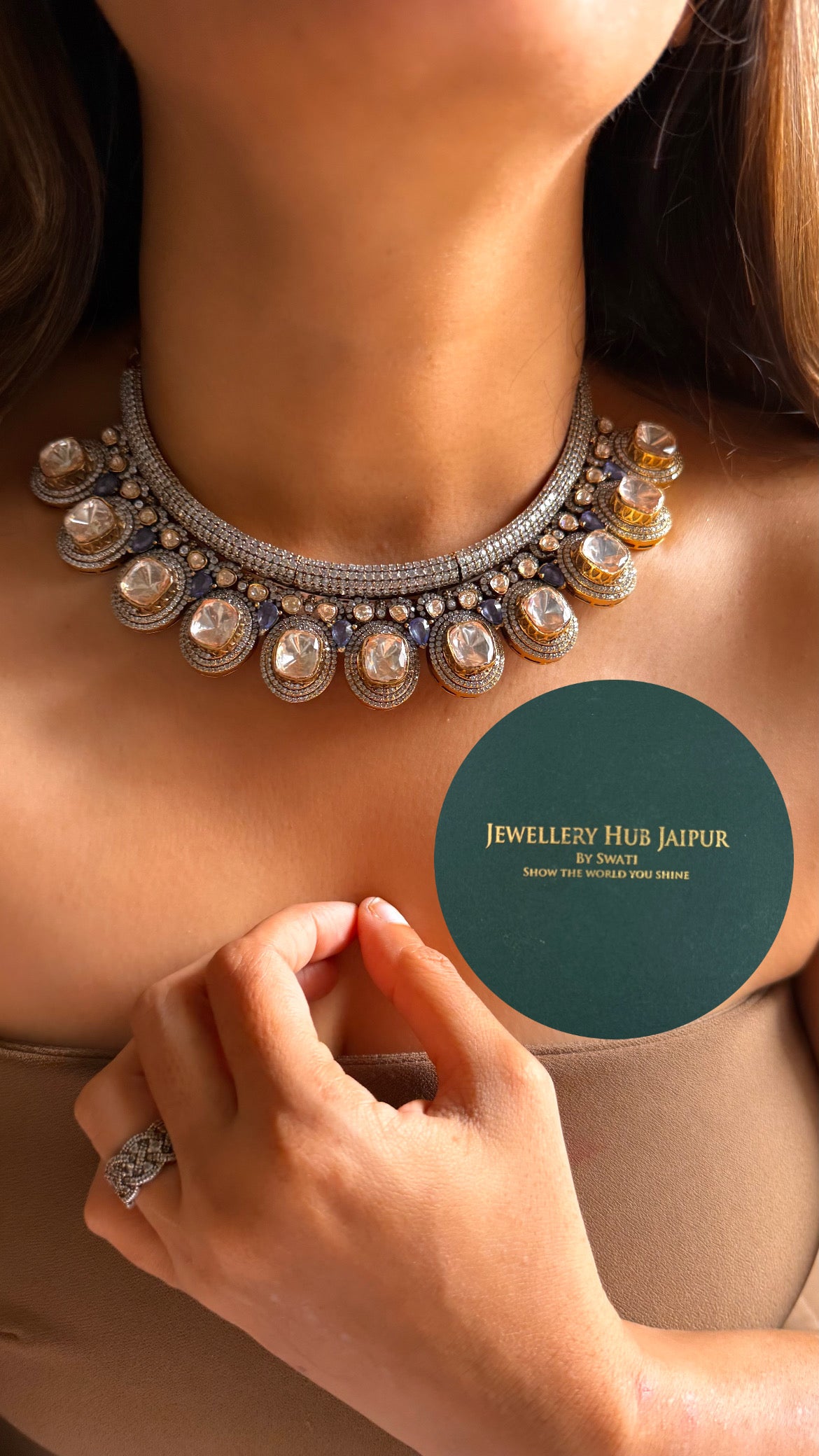 Real uncut moissanite polki & Sapphire stone collar set