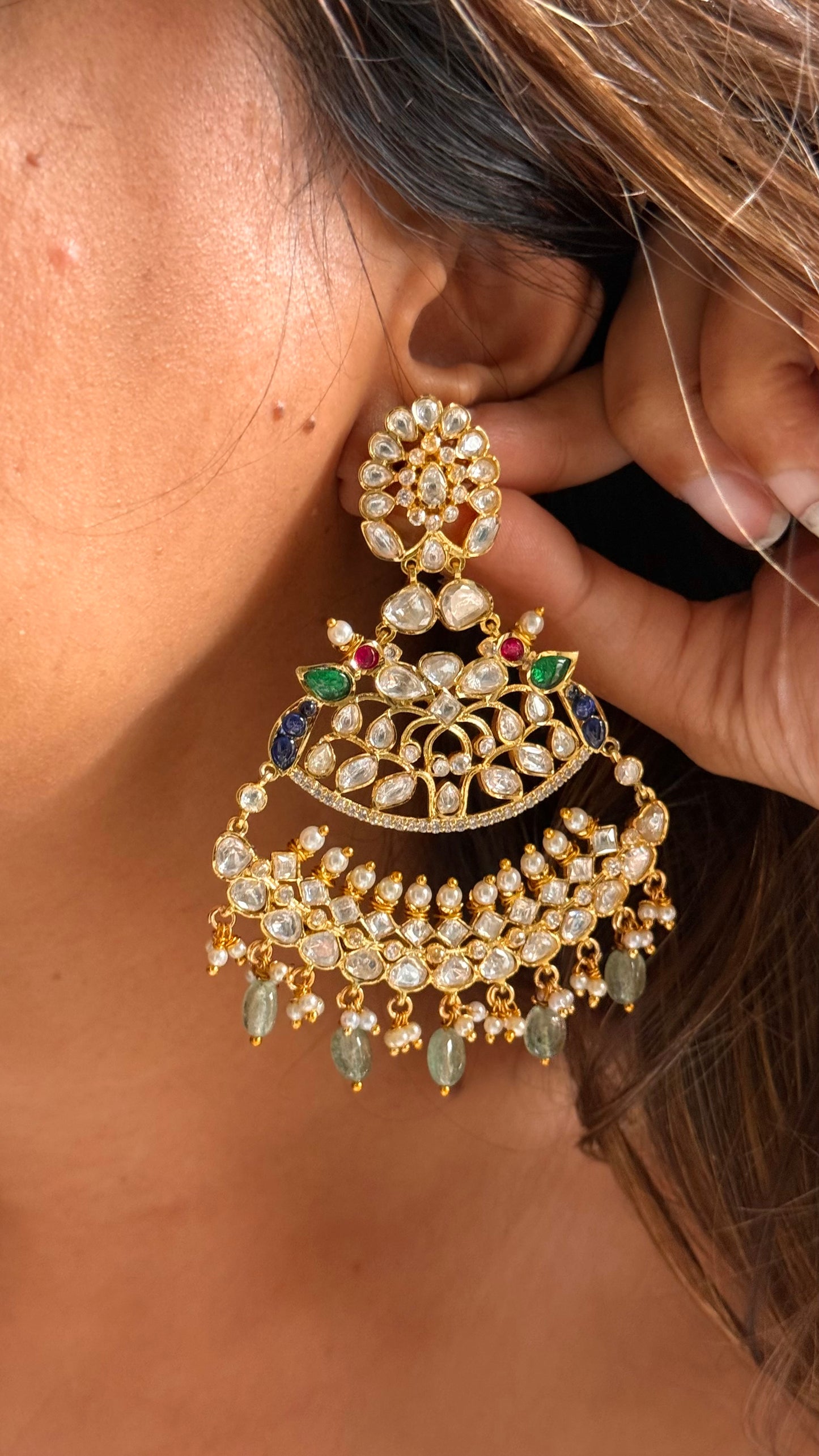 Designer peacock inspired real Moissanite polki danglers