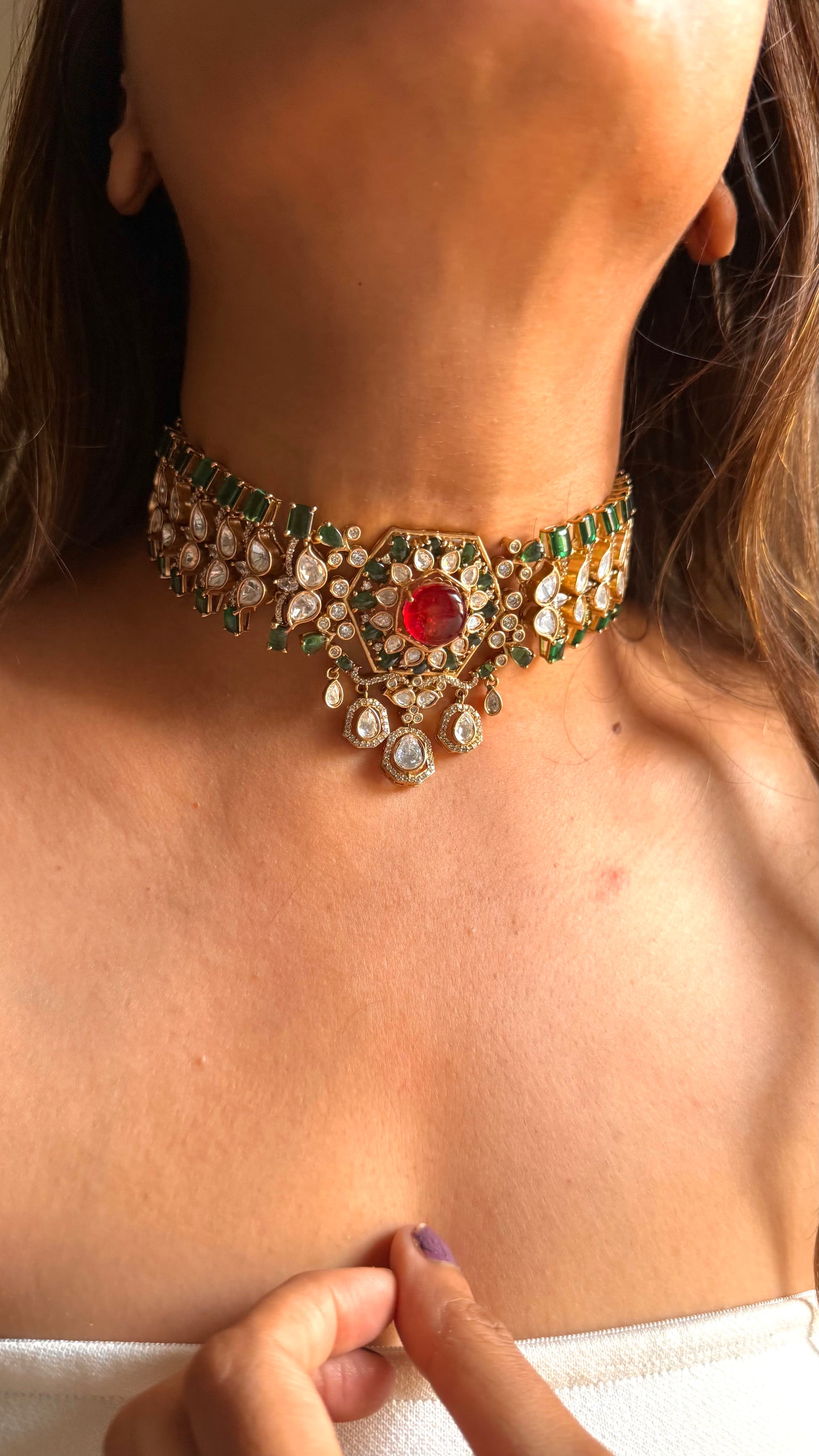 Ruby doublet & emerald moissanite choker set