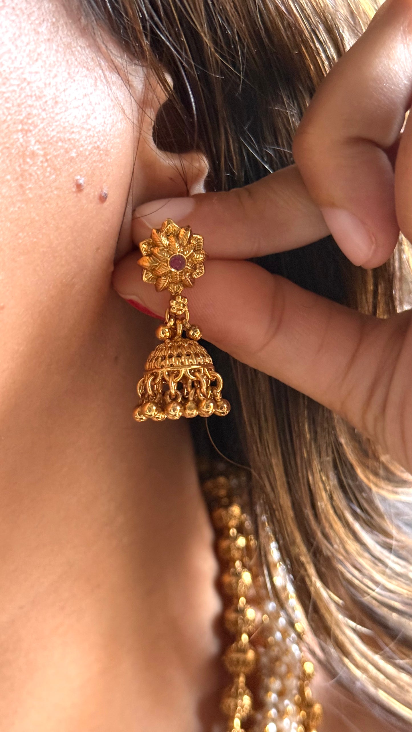 Triple line Rajwada necklace with Gajra and jhumki detailing
