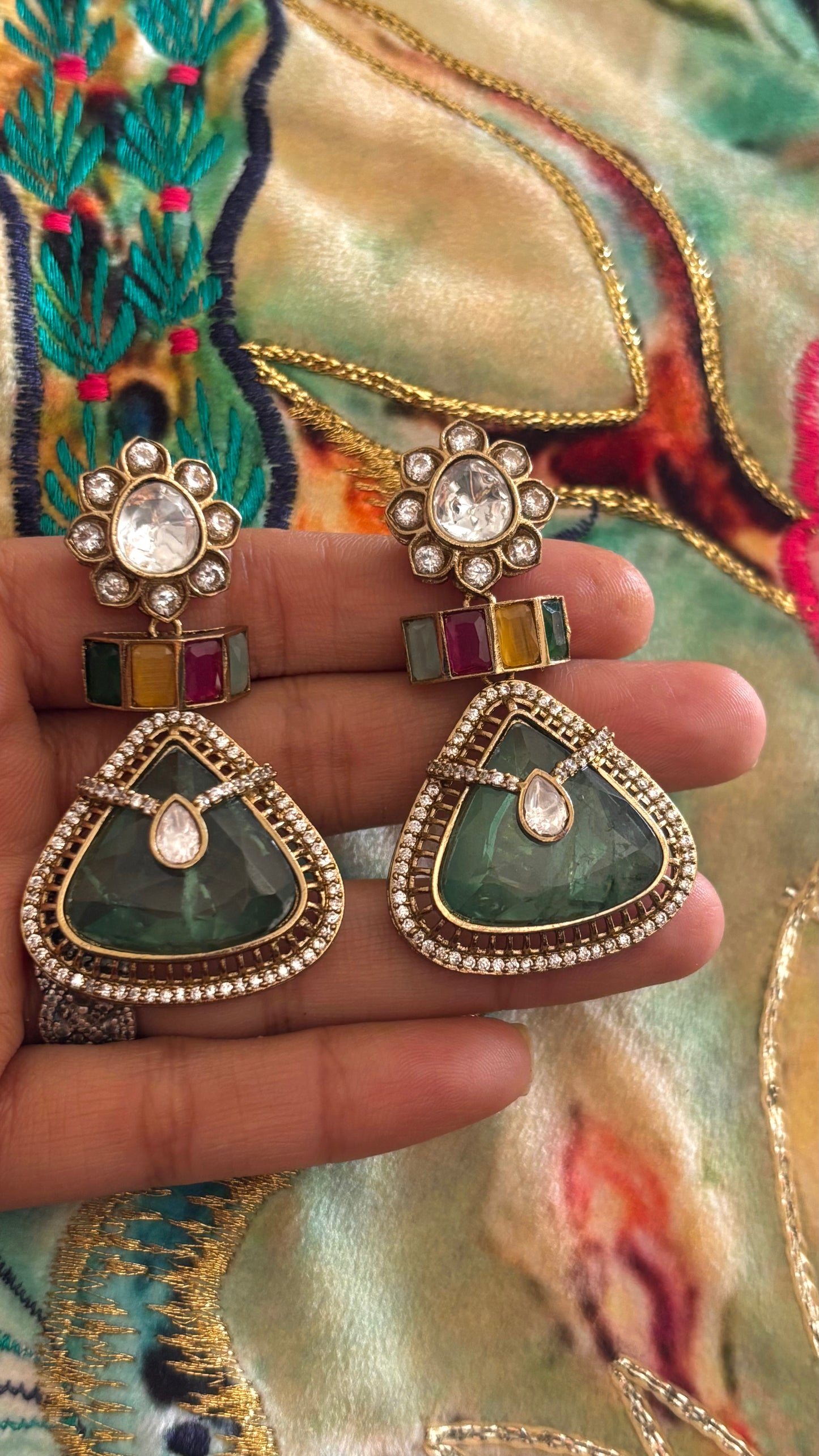 Mint & navratna stone danglers