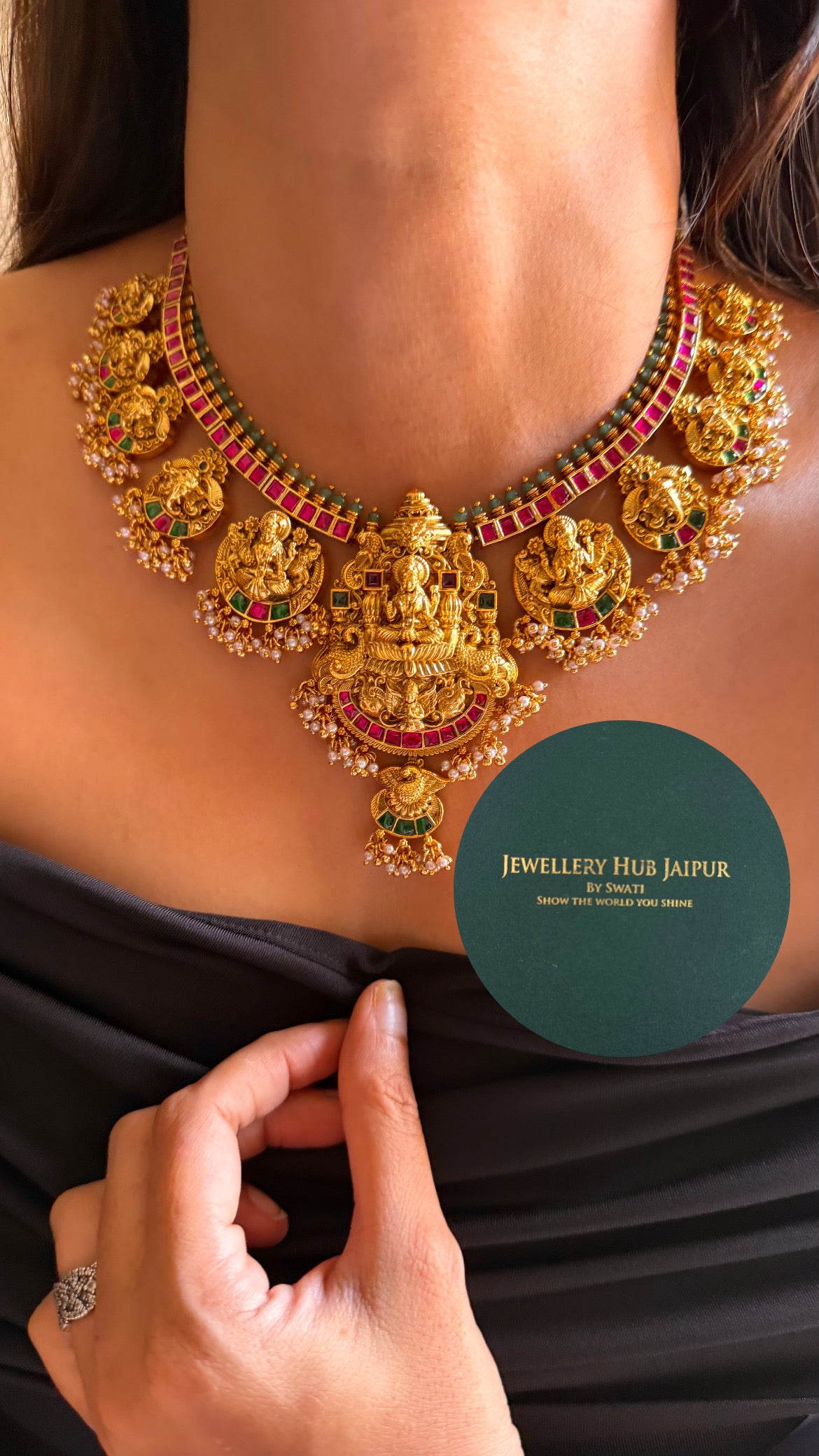 Goddess laxmi & rani pink, emerald with pearl drops temple collar set