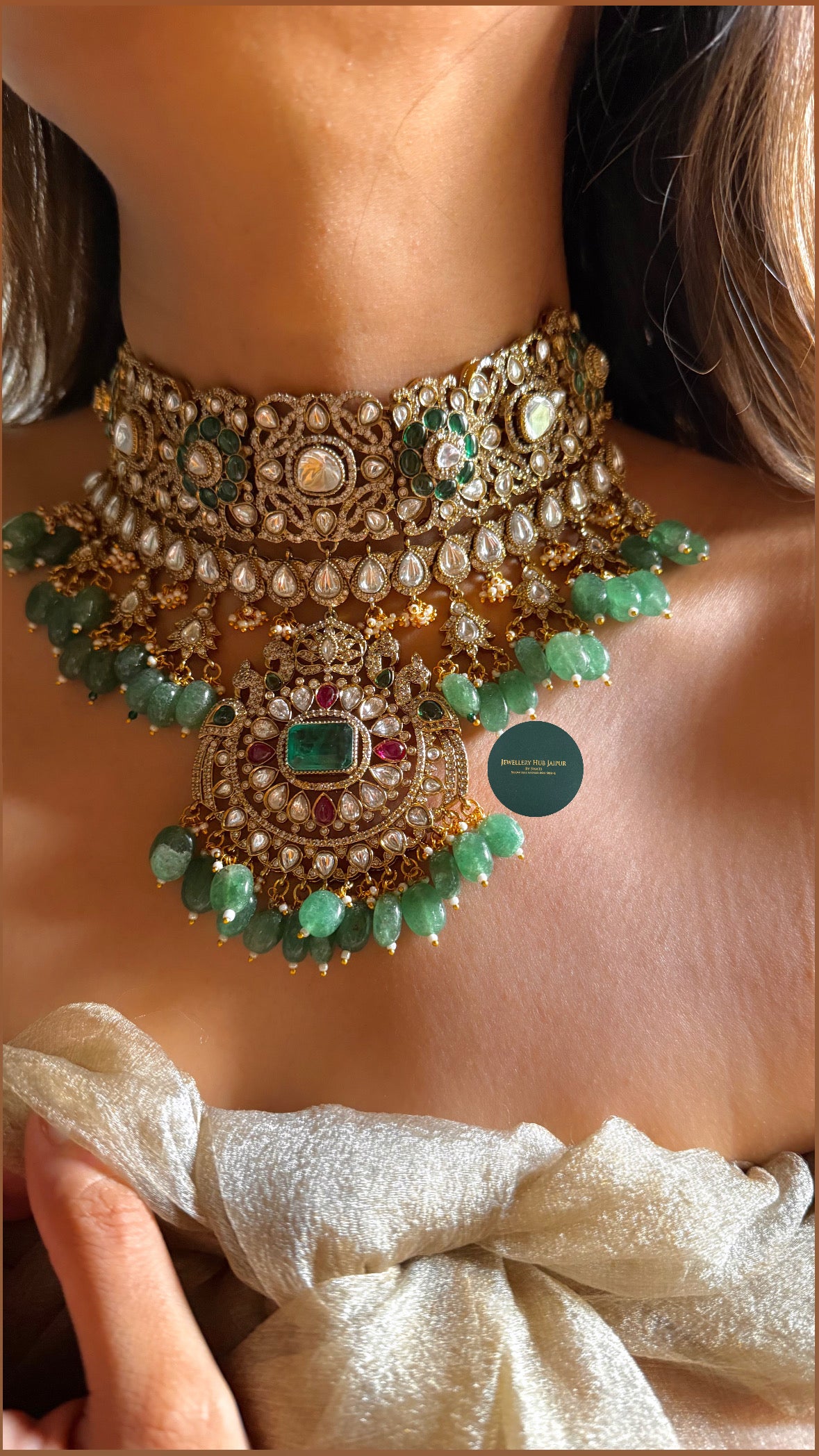 Emerald doublet & Rani pink with mint drops choker set
