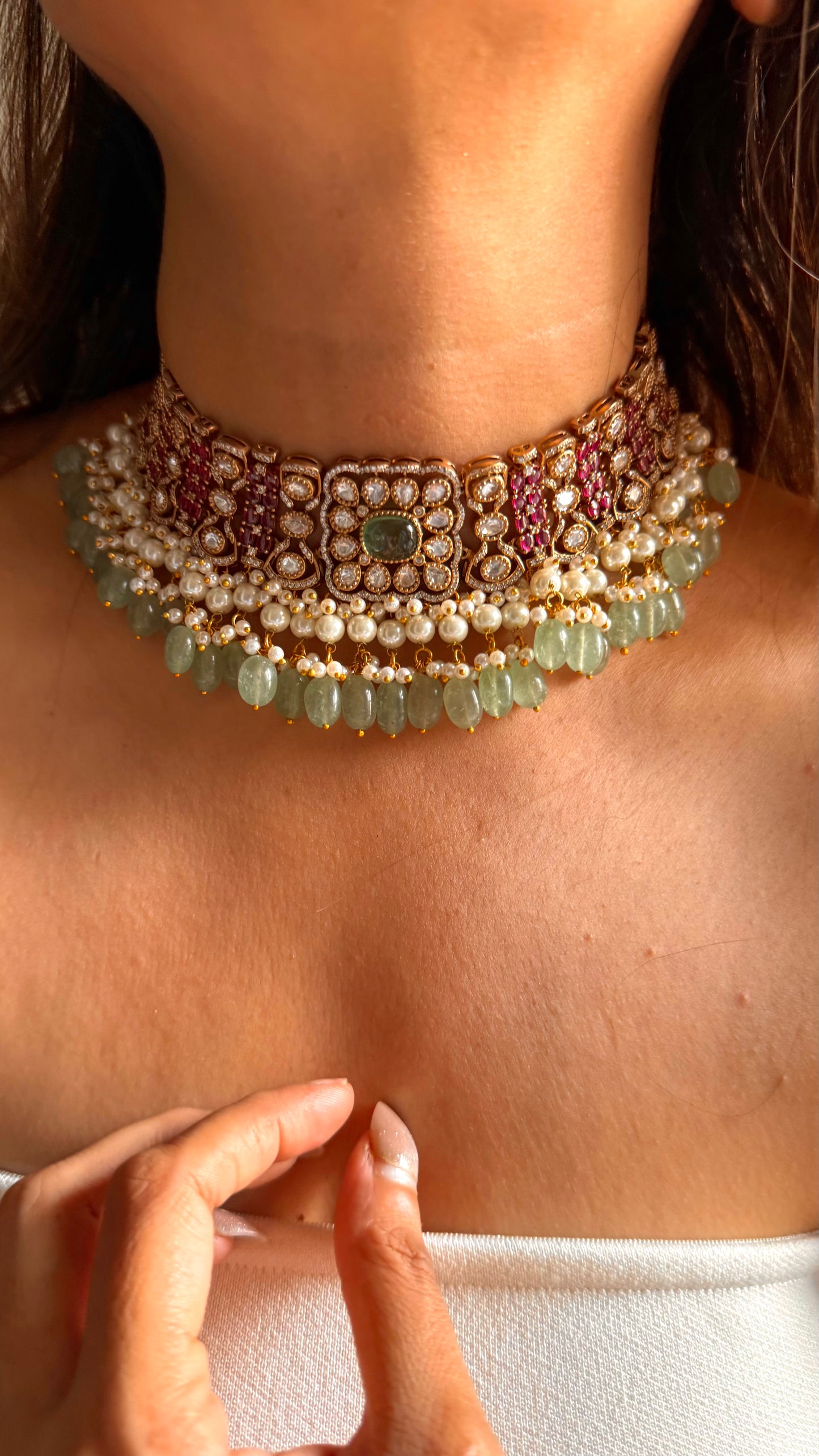 Mint doublet & rani pink moissanite choker set