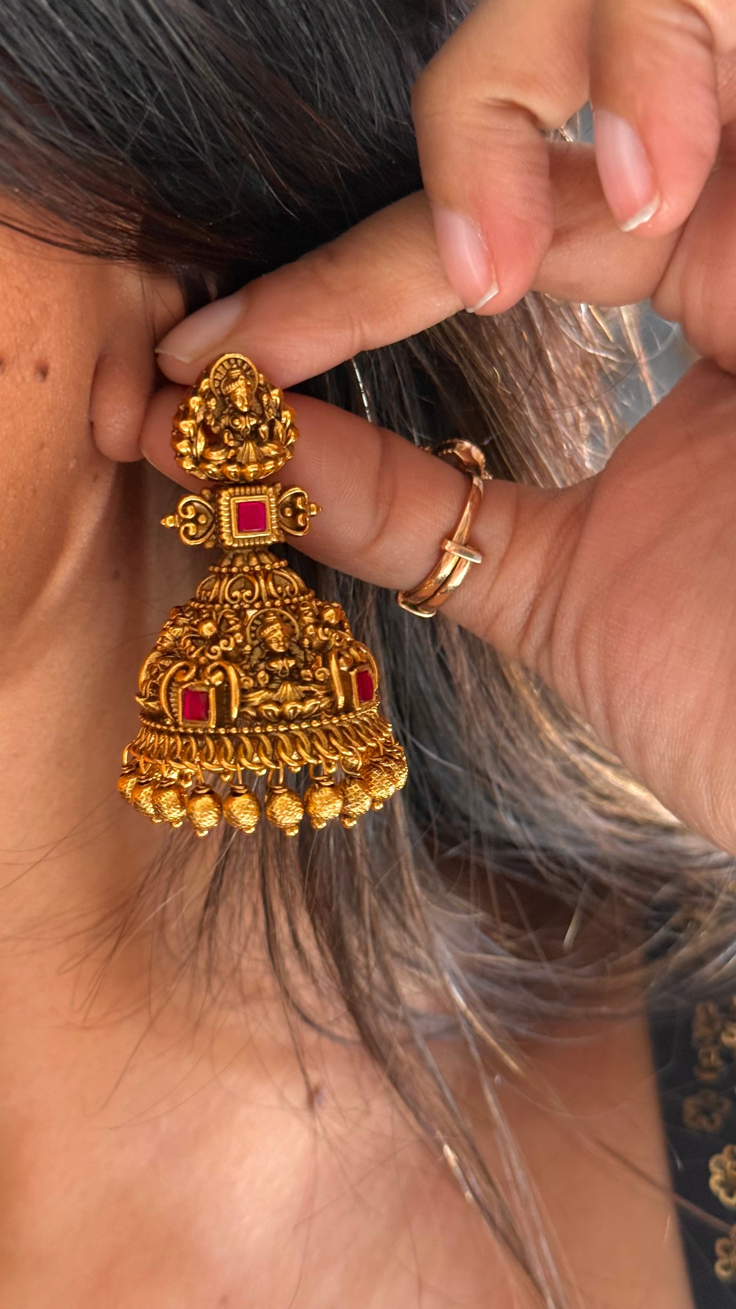 Goddess Laxmi Rani pink ruby temple Jhumka with gold drops