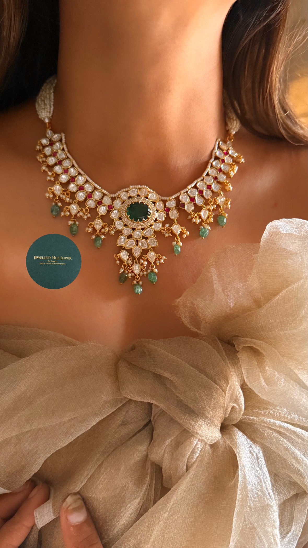 Emerald doublet real moissanite with mint drop collar set