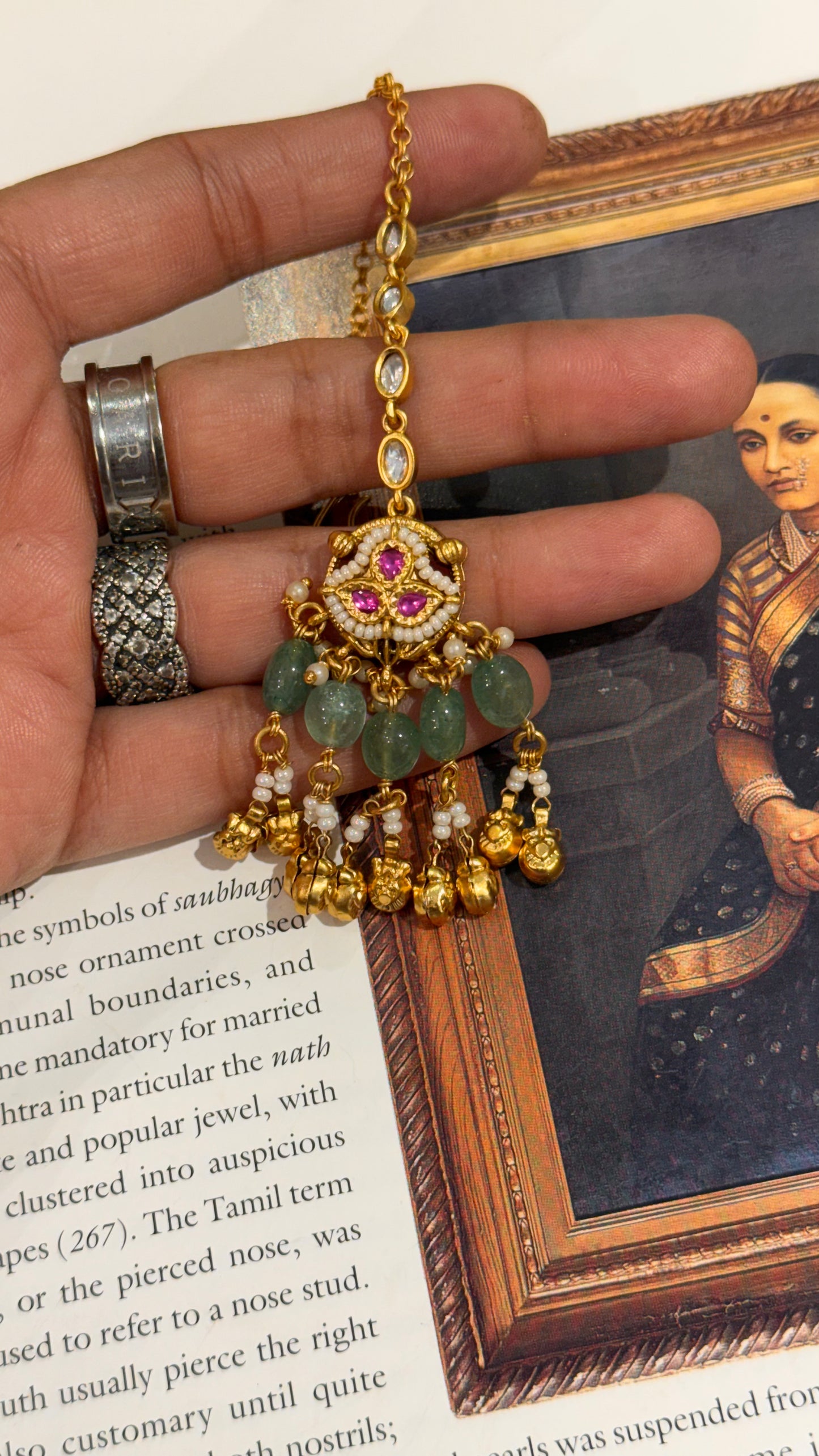 Minimalist rani pink mangtika with mint drop & gold detailing