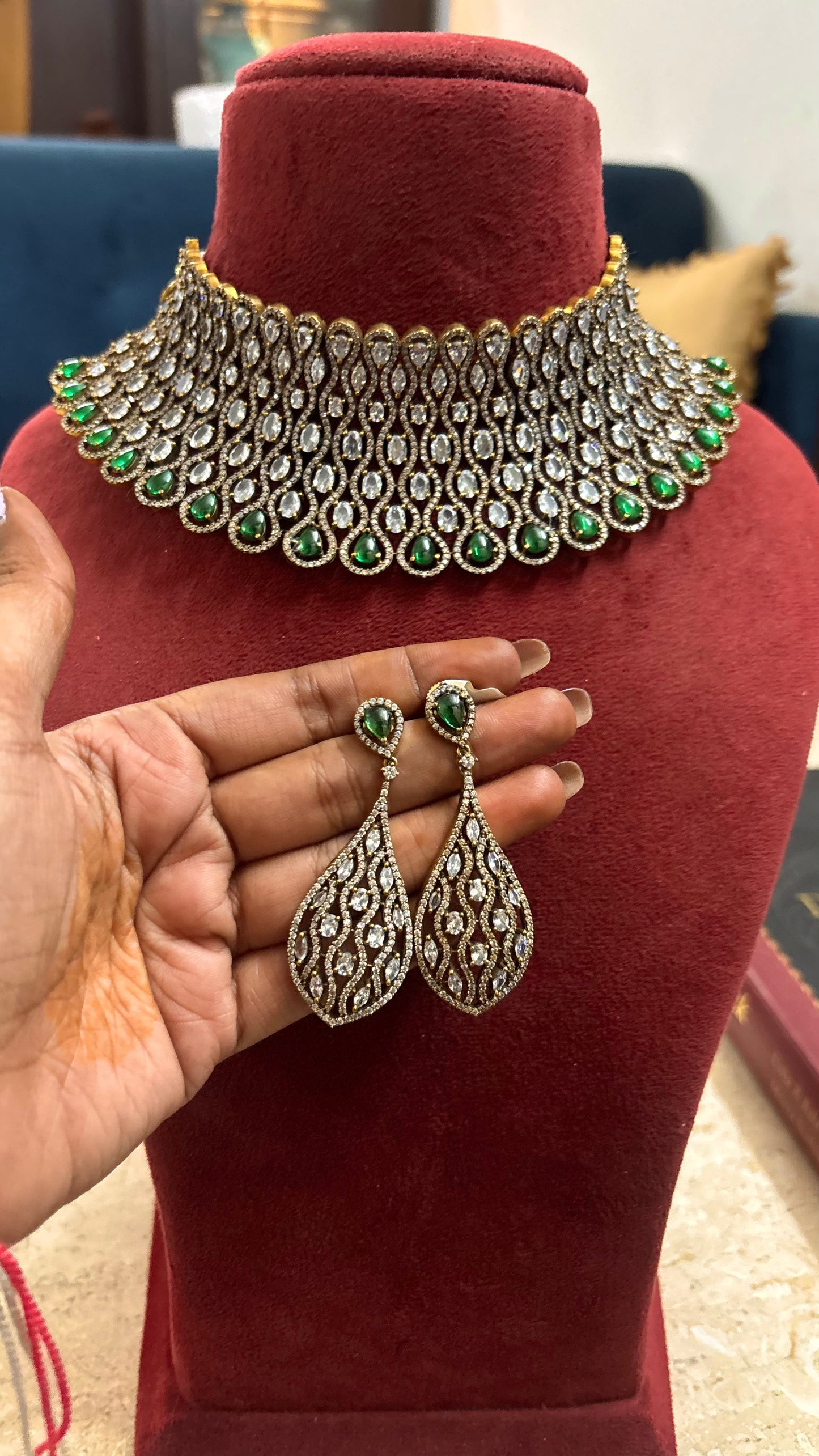Risha emerald doublet and moissanite designer choker set
