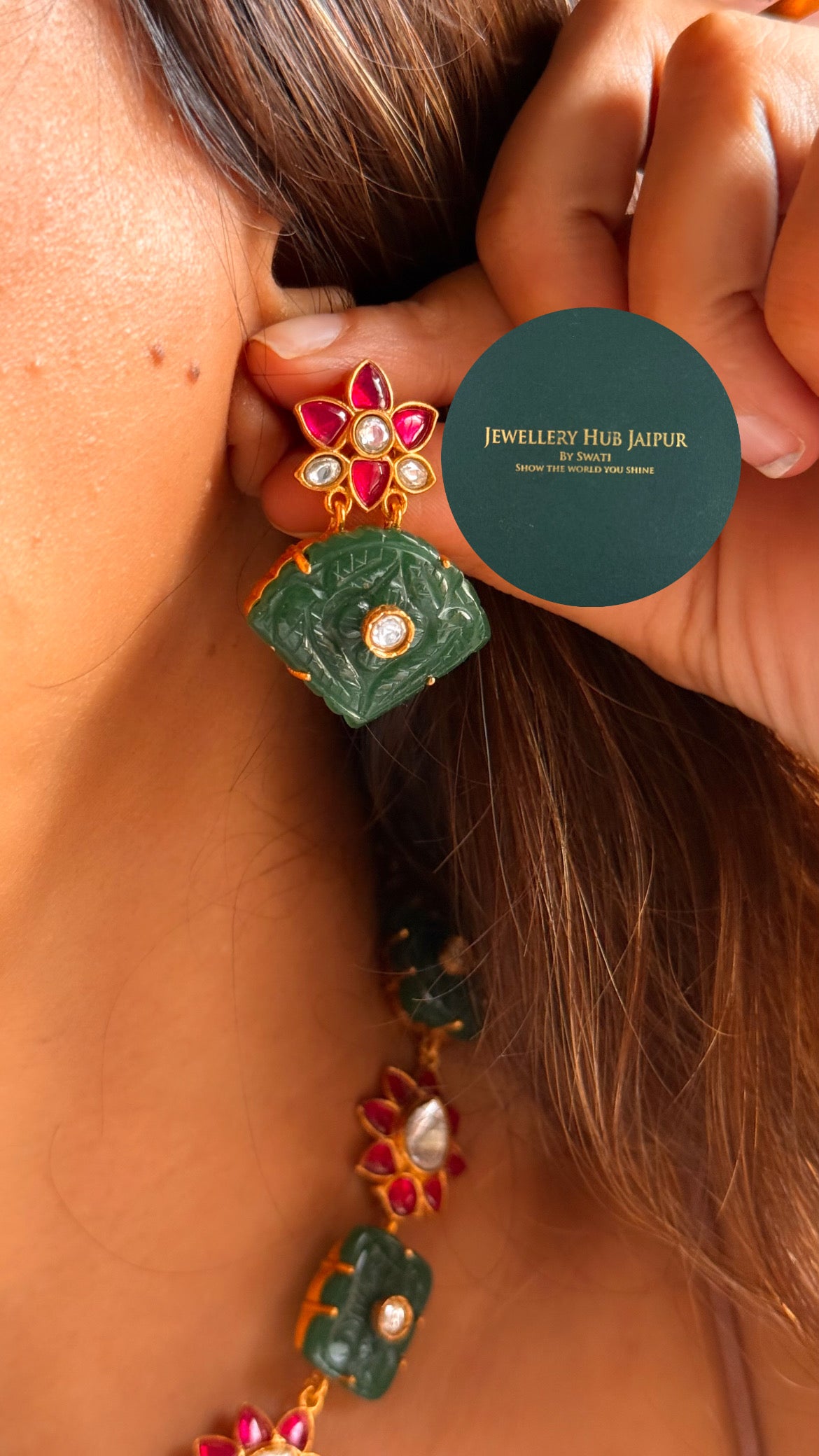 Amrapali inspired Natural stone Emerald with rani pink floral inlay collar set