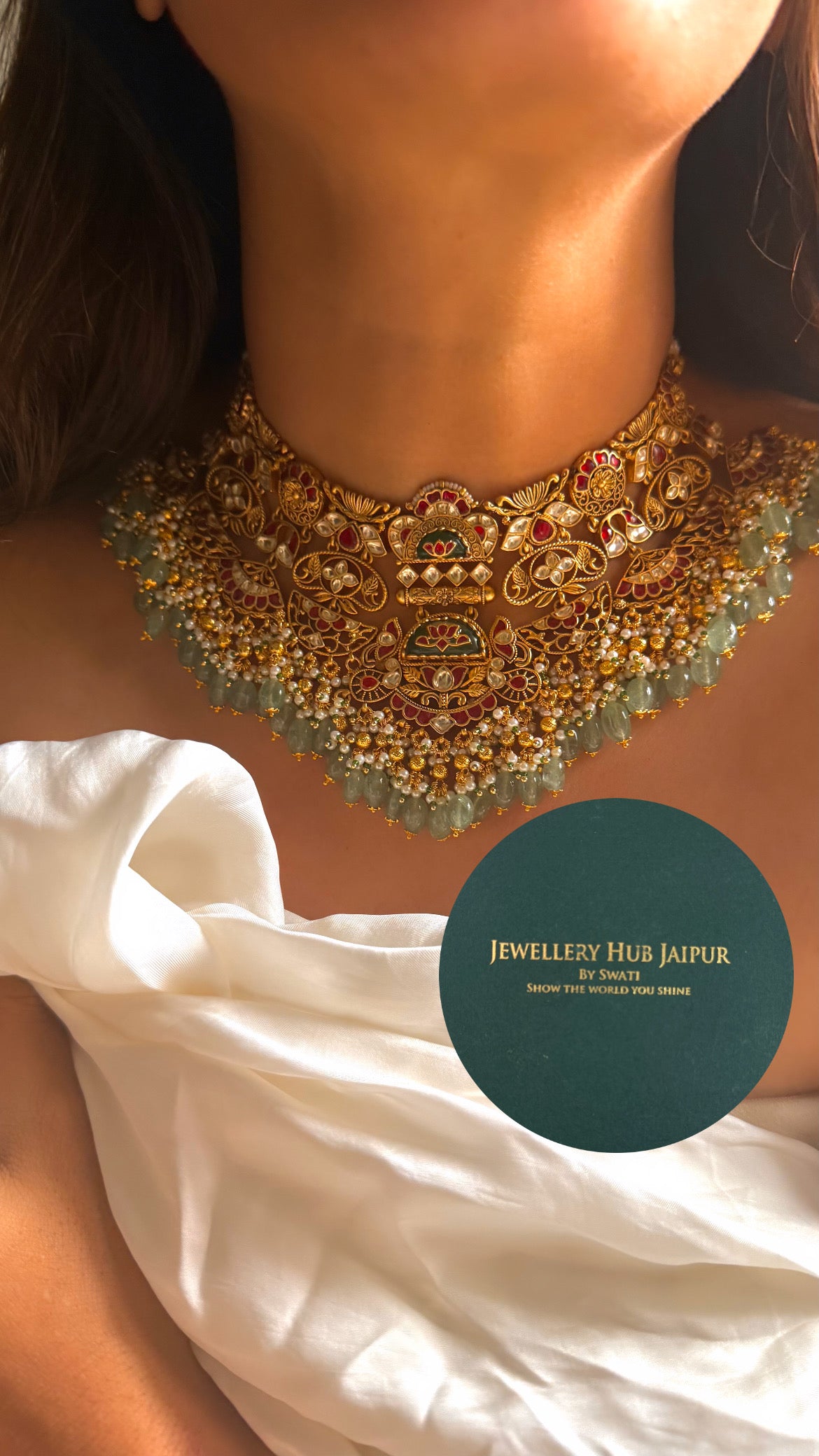 Handmade Heritage Polki Emerald inlay work & rani pink heritage rajwada bridal set