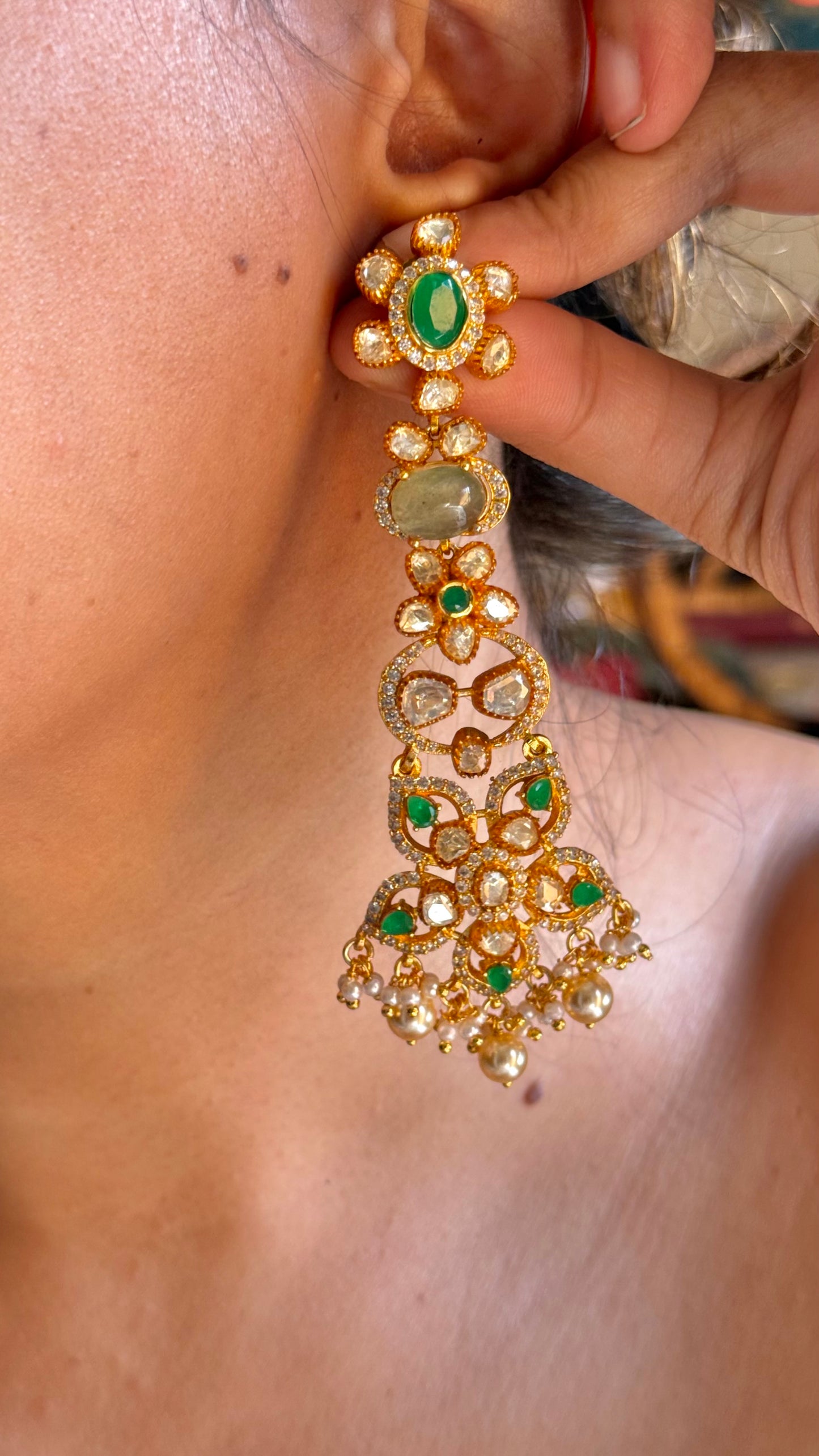 Emerald doublet & real moissanite floral danglers