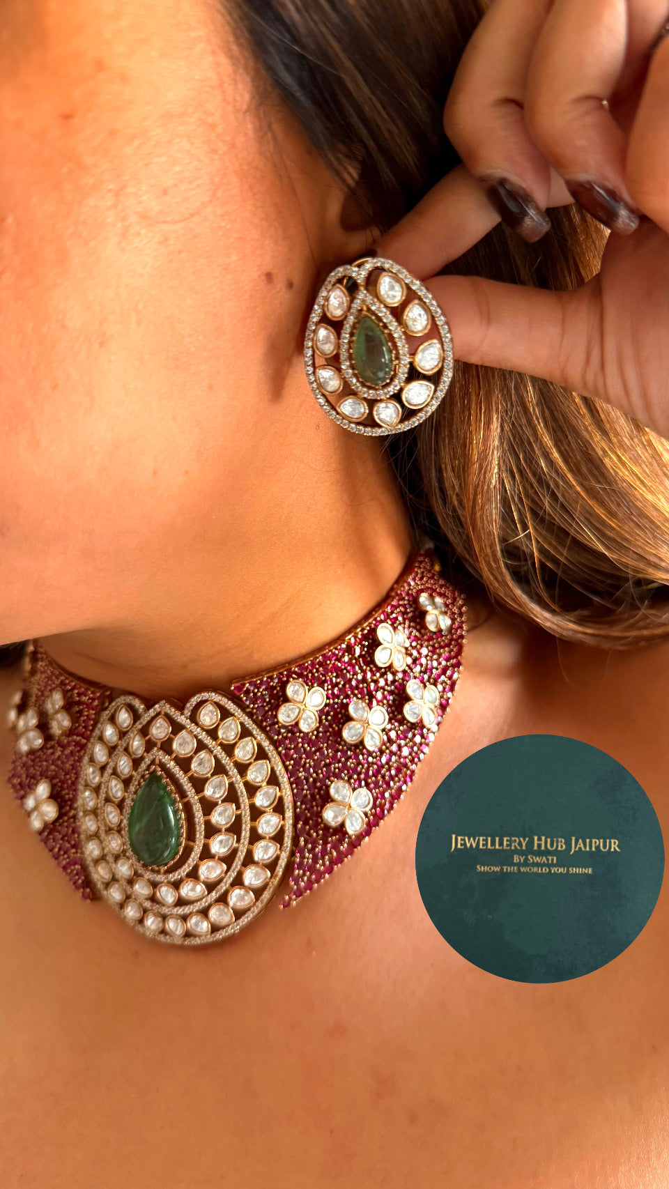 Rani pink & mint drop doublet moissanite flower choker set