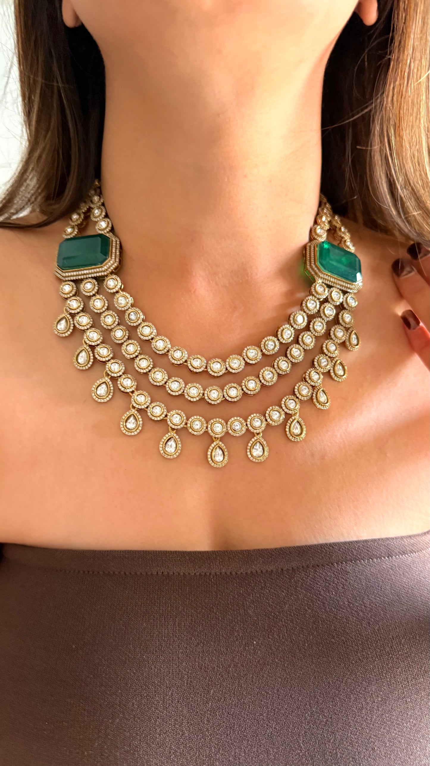 Chitra Emerald doublet moissanite triple layer necklace