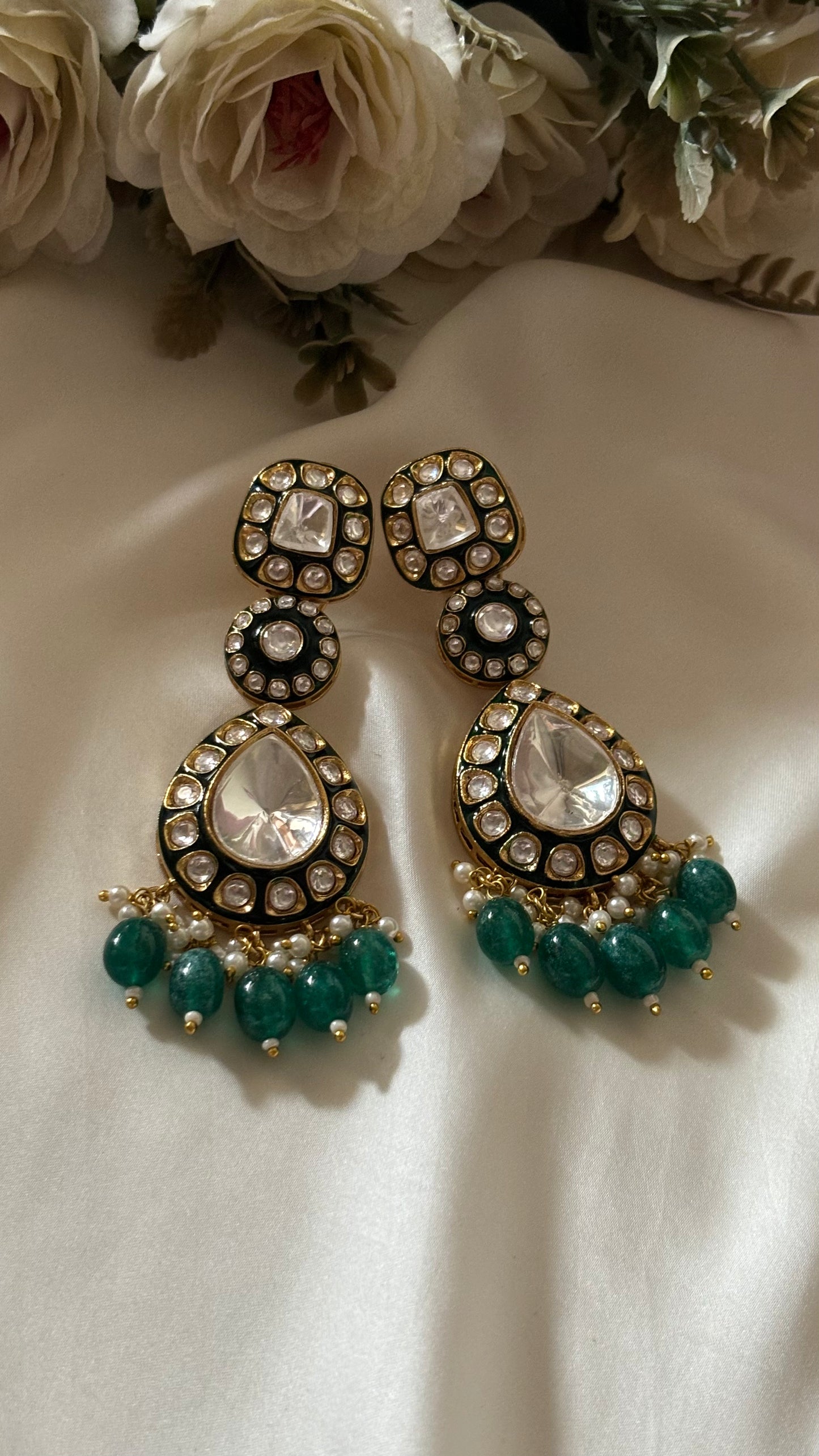 Emerald drops uncut Polki danglers