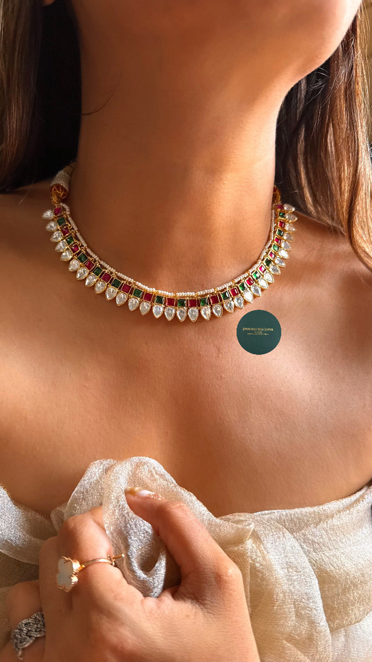 Minimalist real moissanite emerald & ruby collar necklace