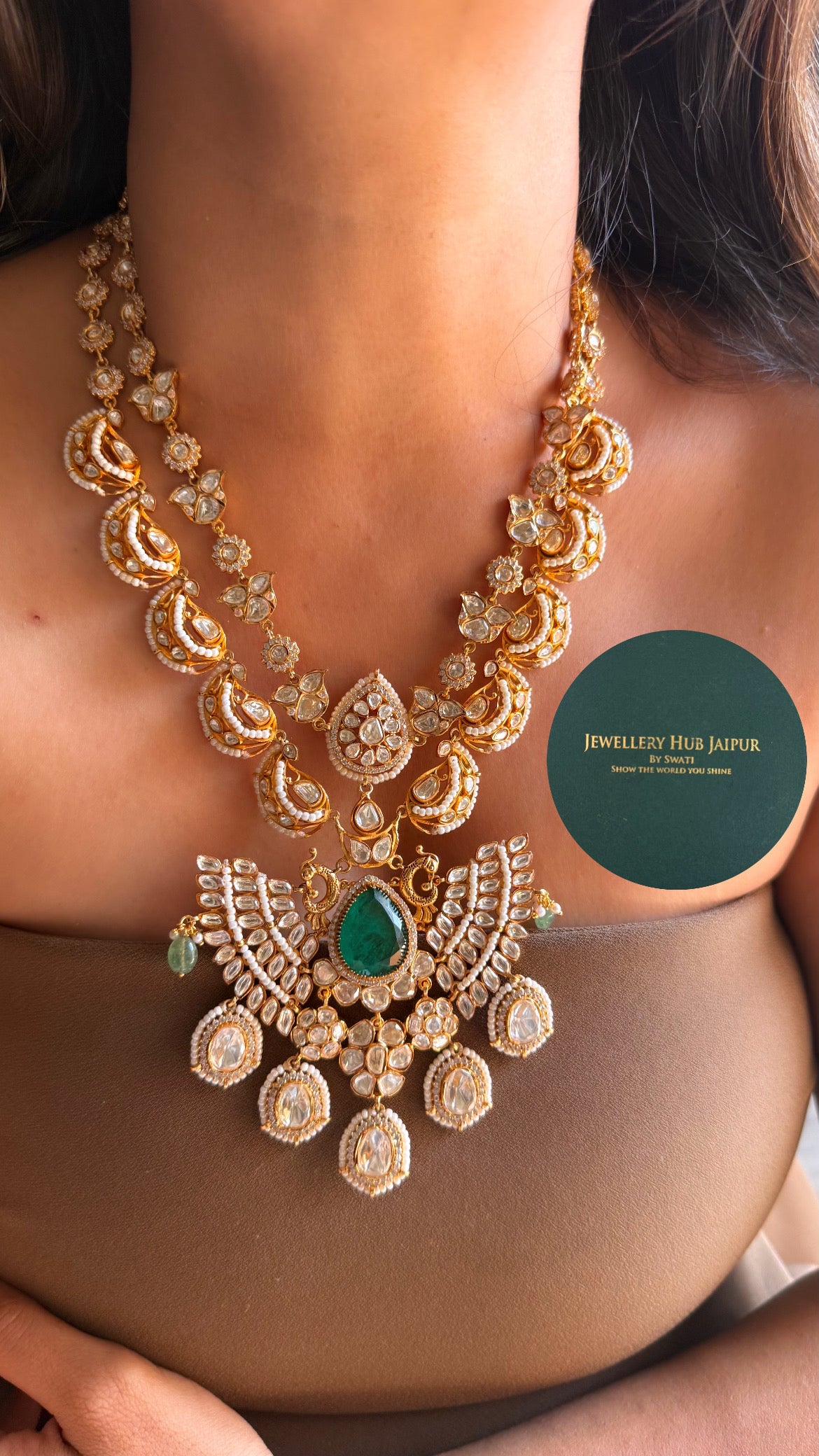 Real moissanite & emerald doublet with mint strawberry designer mid length set