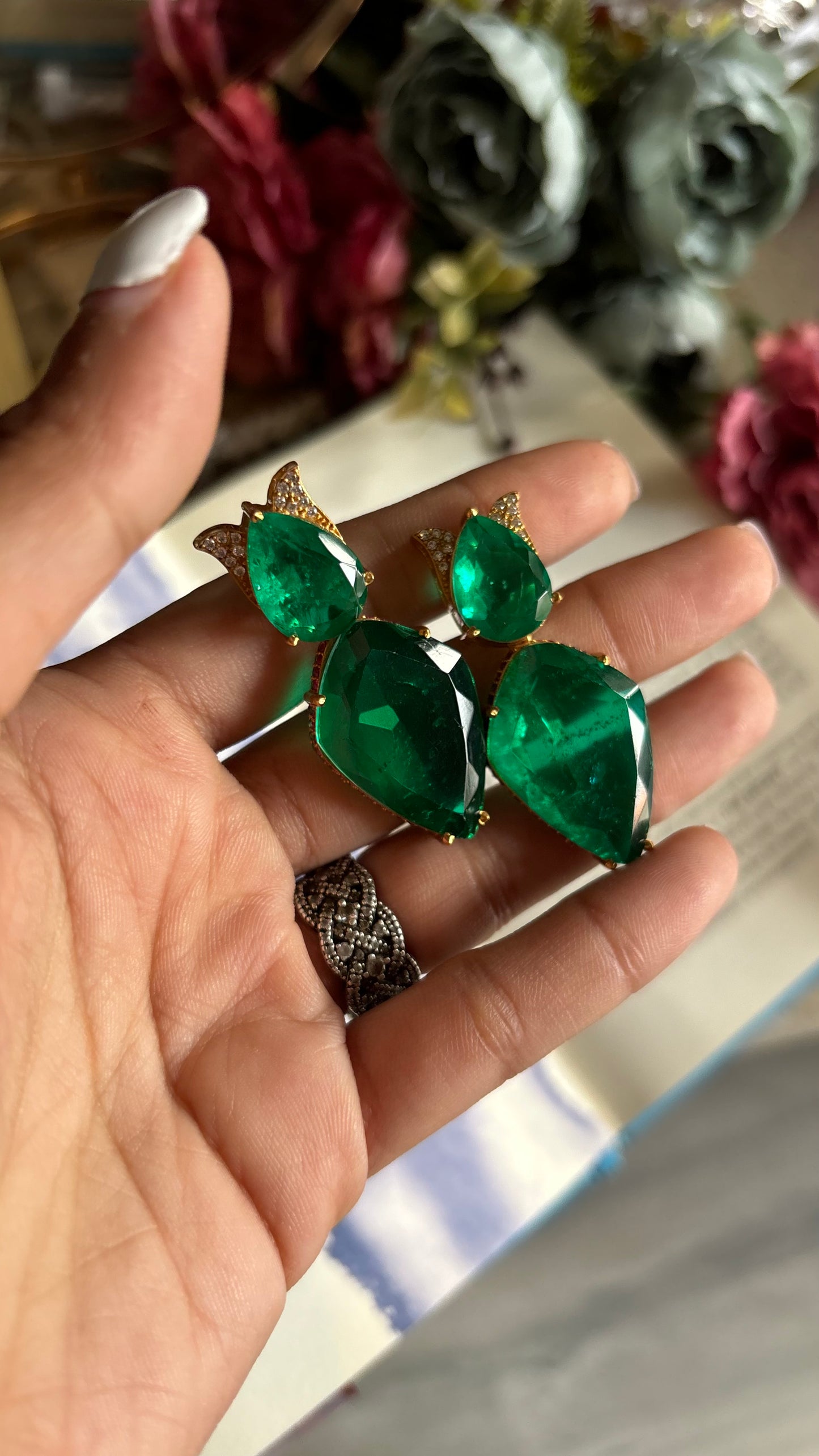 Emerald doublet designer danglers with ruby lining