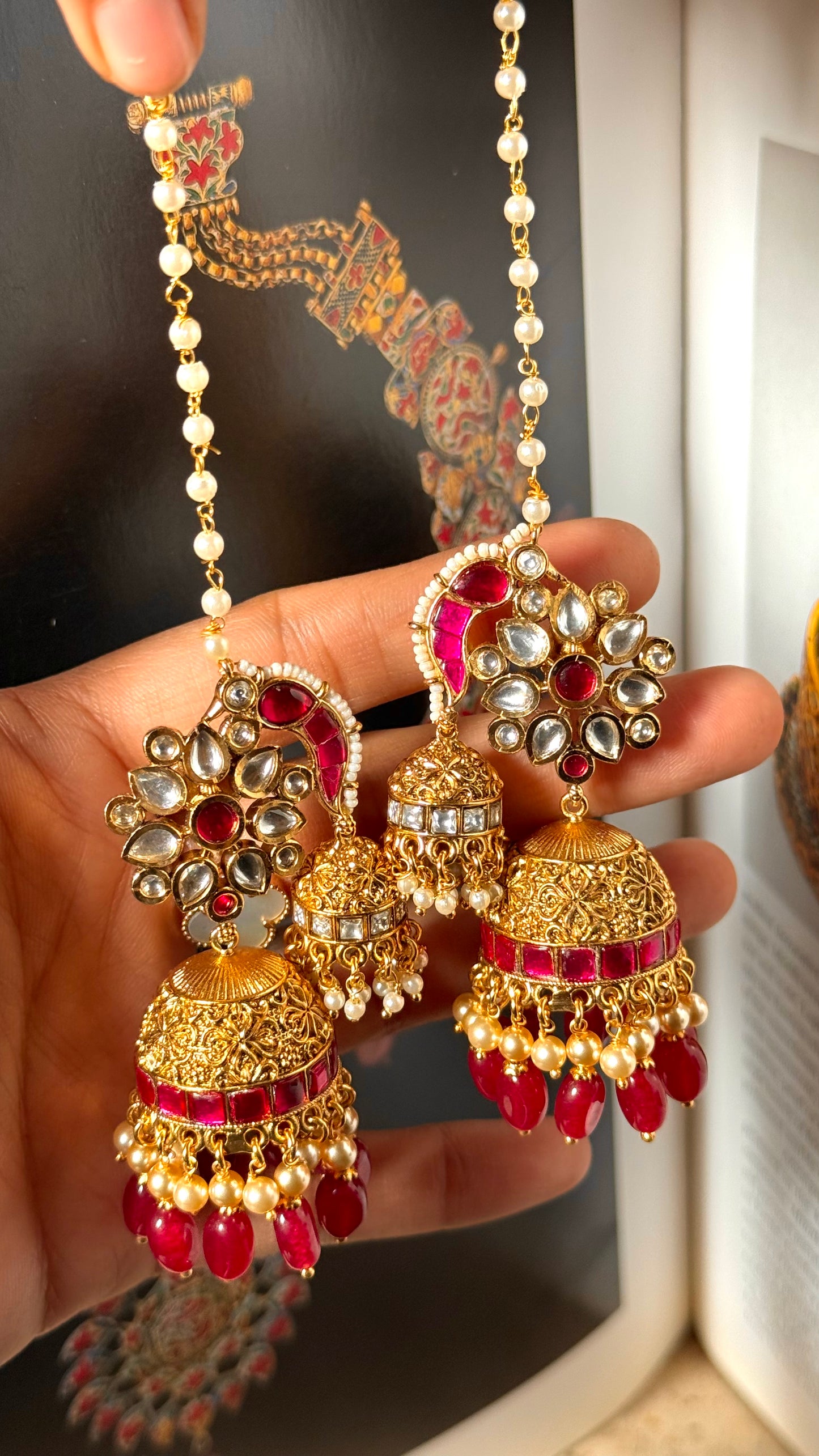 Ruby rani pink rajwada jhumki with ear chain
