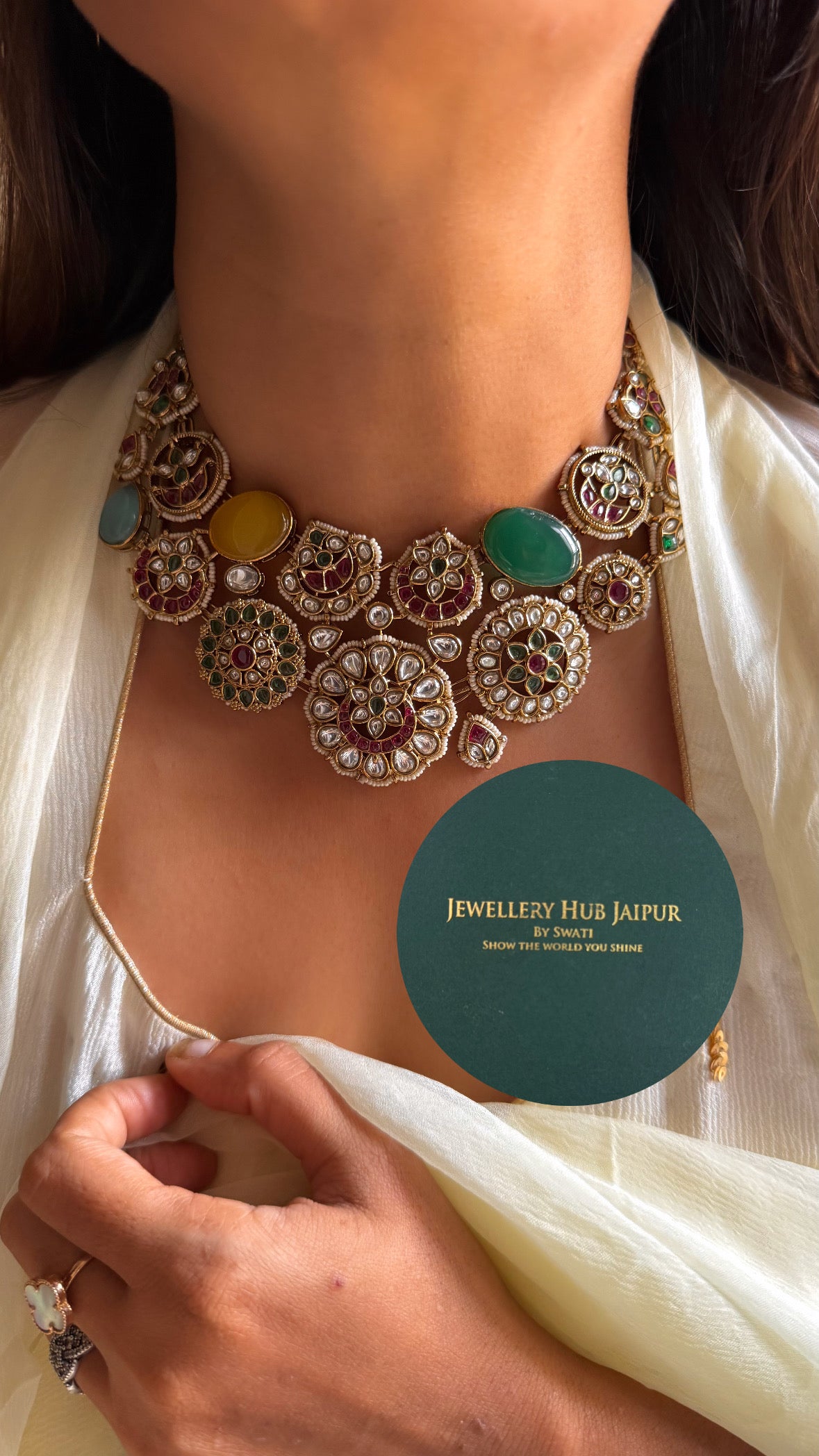 Navratna doublet gems with floral rani pink collar set