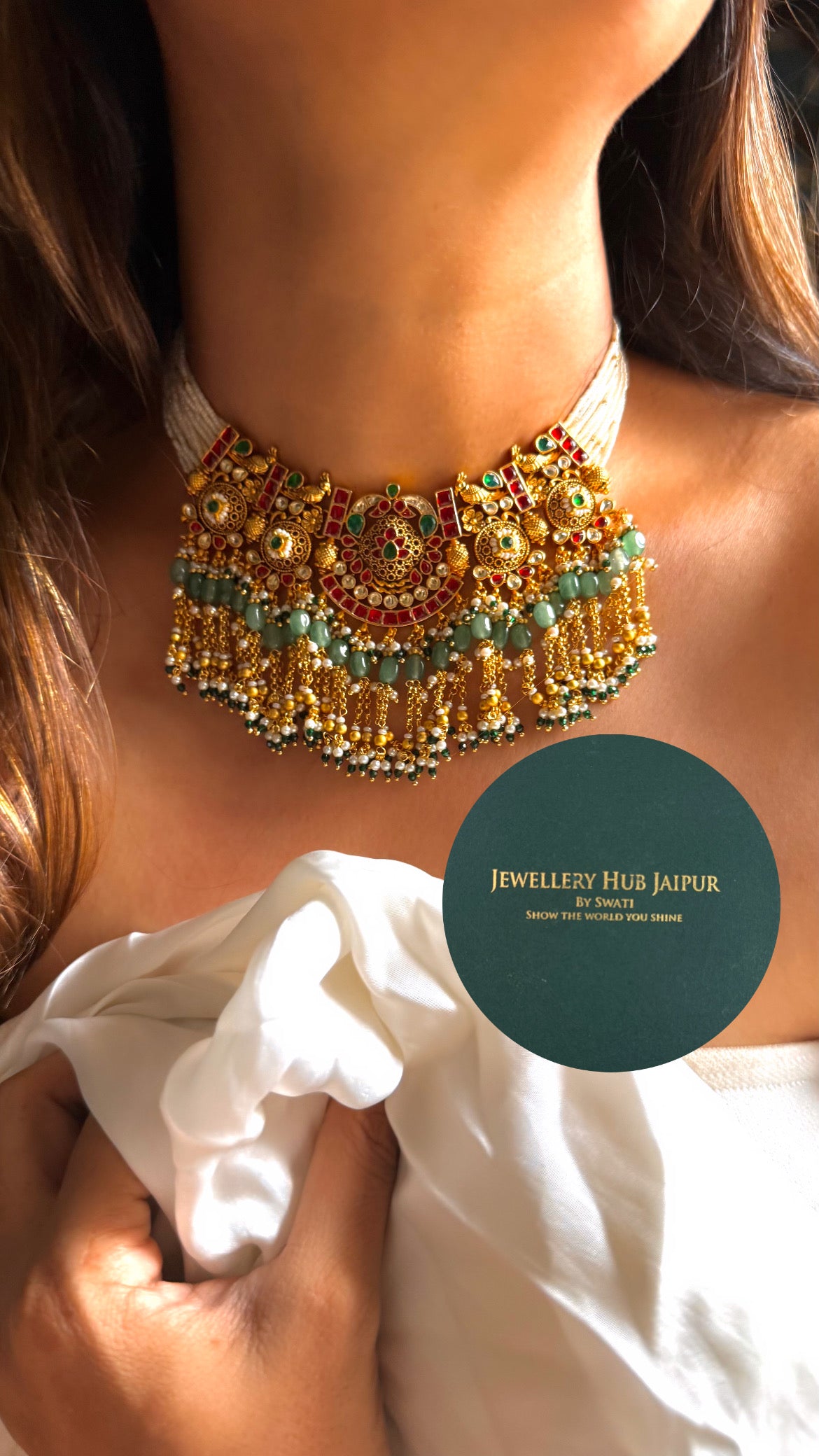 Handmade Heritage Polki Rani pink & emerald heritage rajwada with mint drop choker set