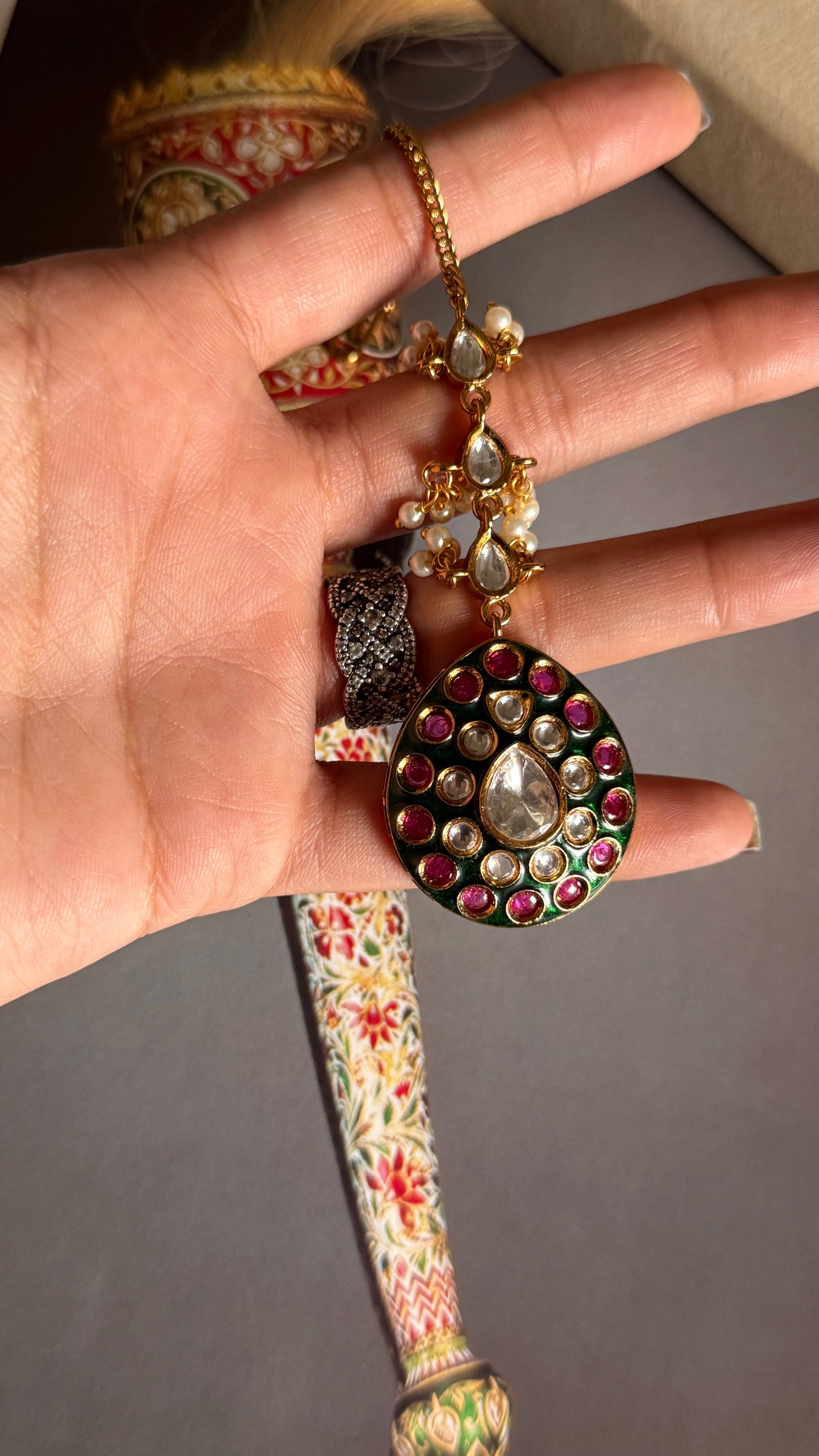 Emerald meenakari & ruby Moissanite polki maangtika