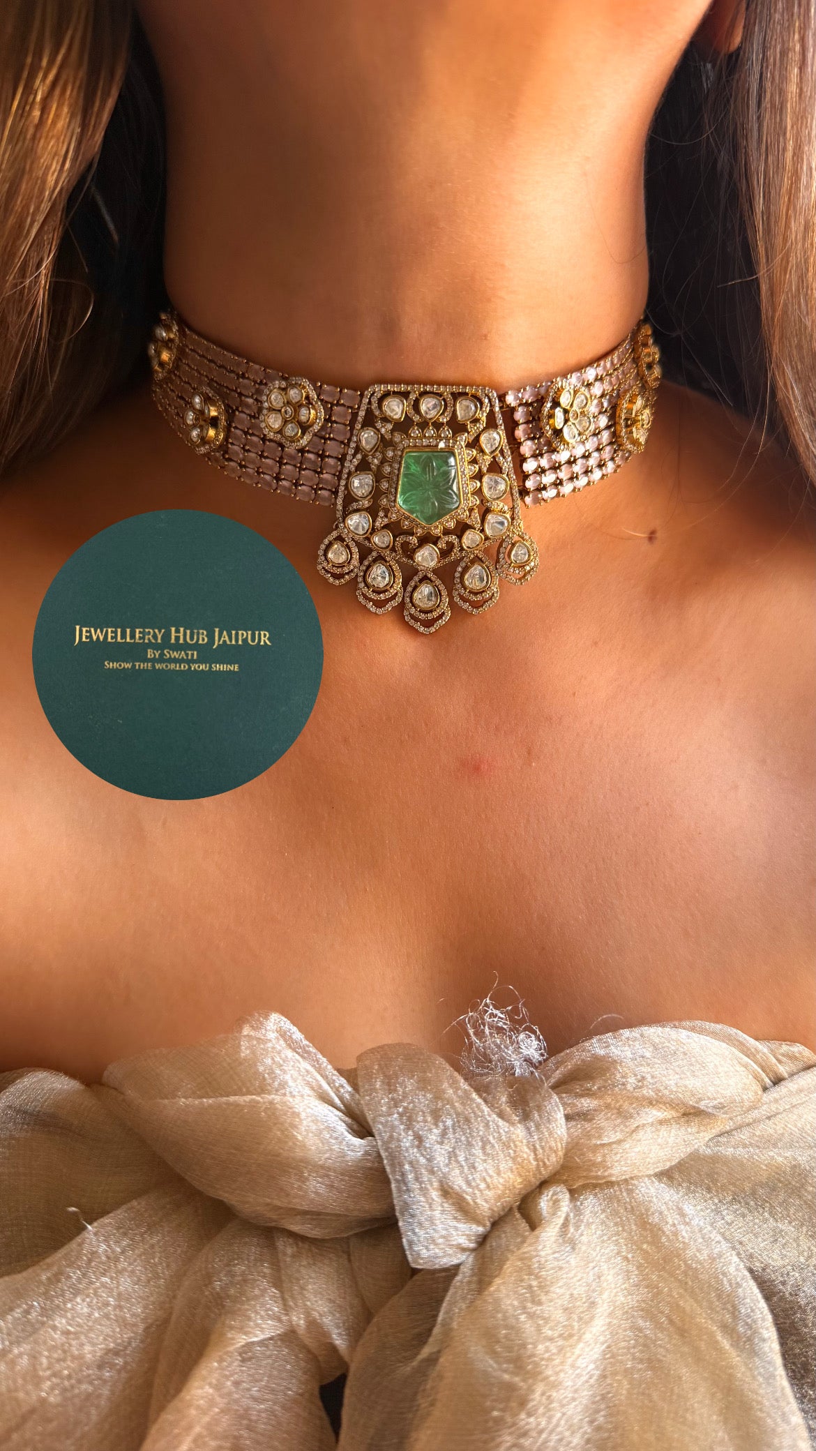 Mint doublet & rose quartz moissanite uncut polki choker set