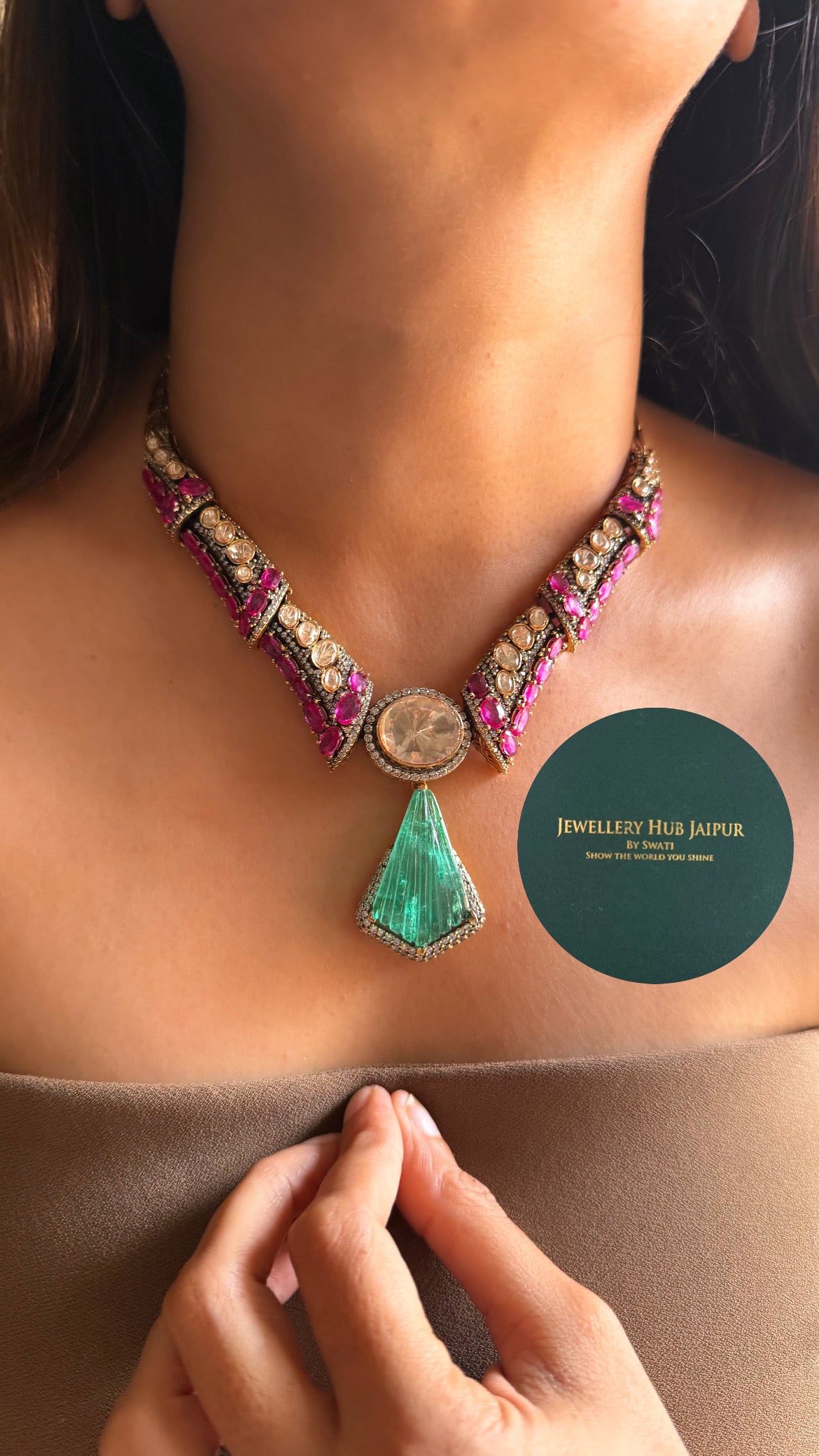 Mint doublet & rani pink moissanite designer cocktail collar set