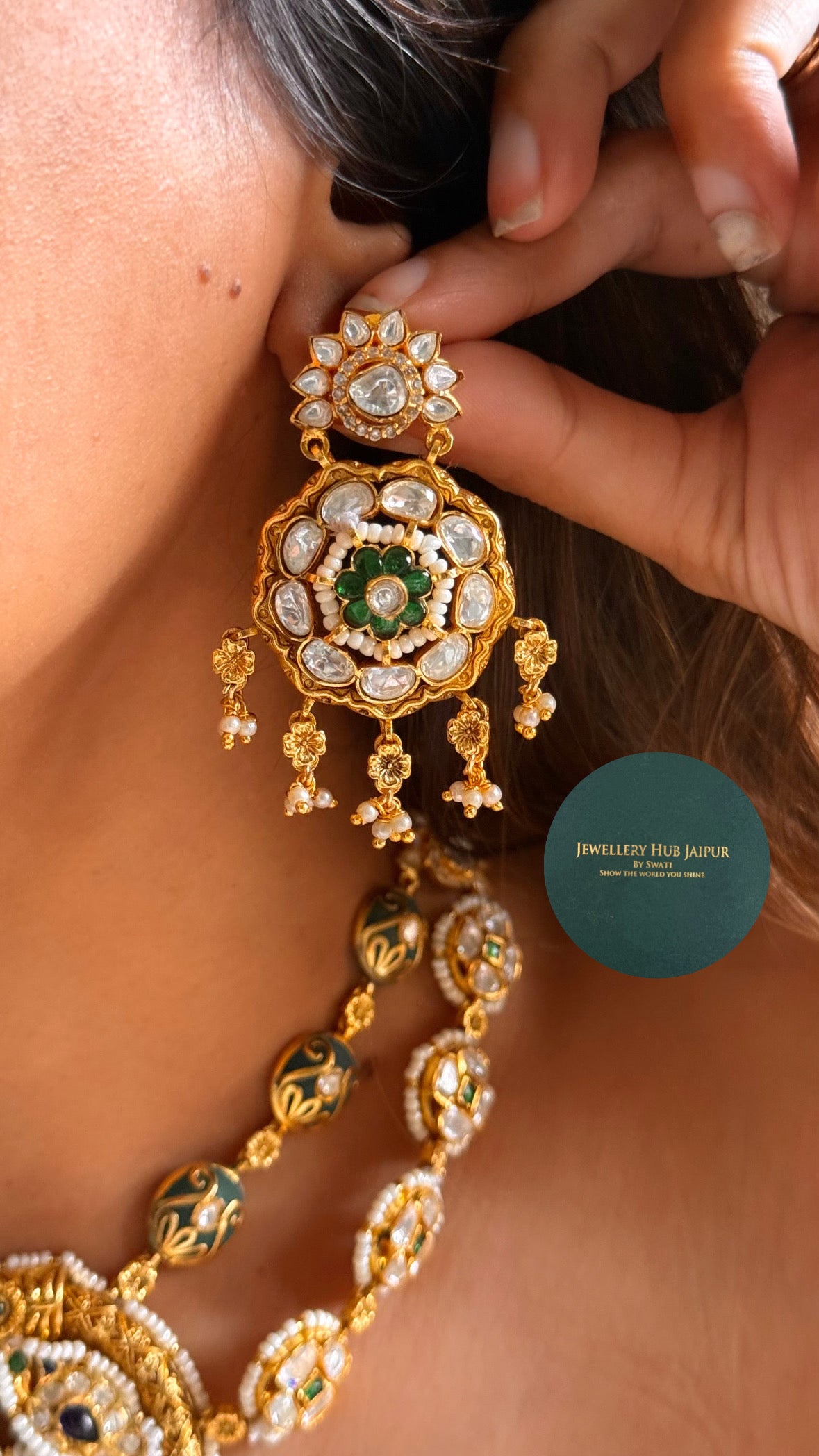 Heritage sapphire & mint inlay with uncut polki double layer collar set
