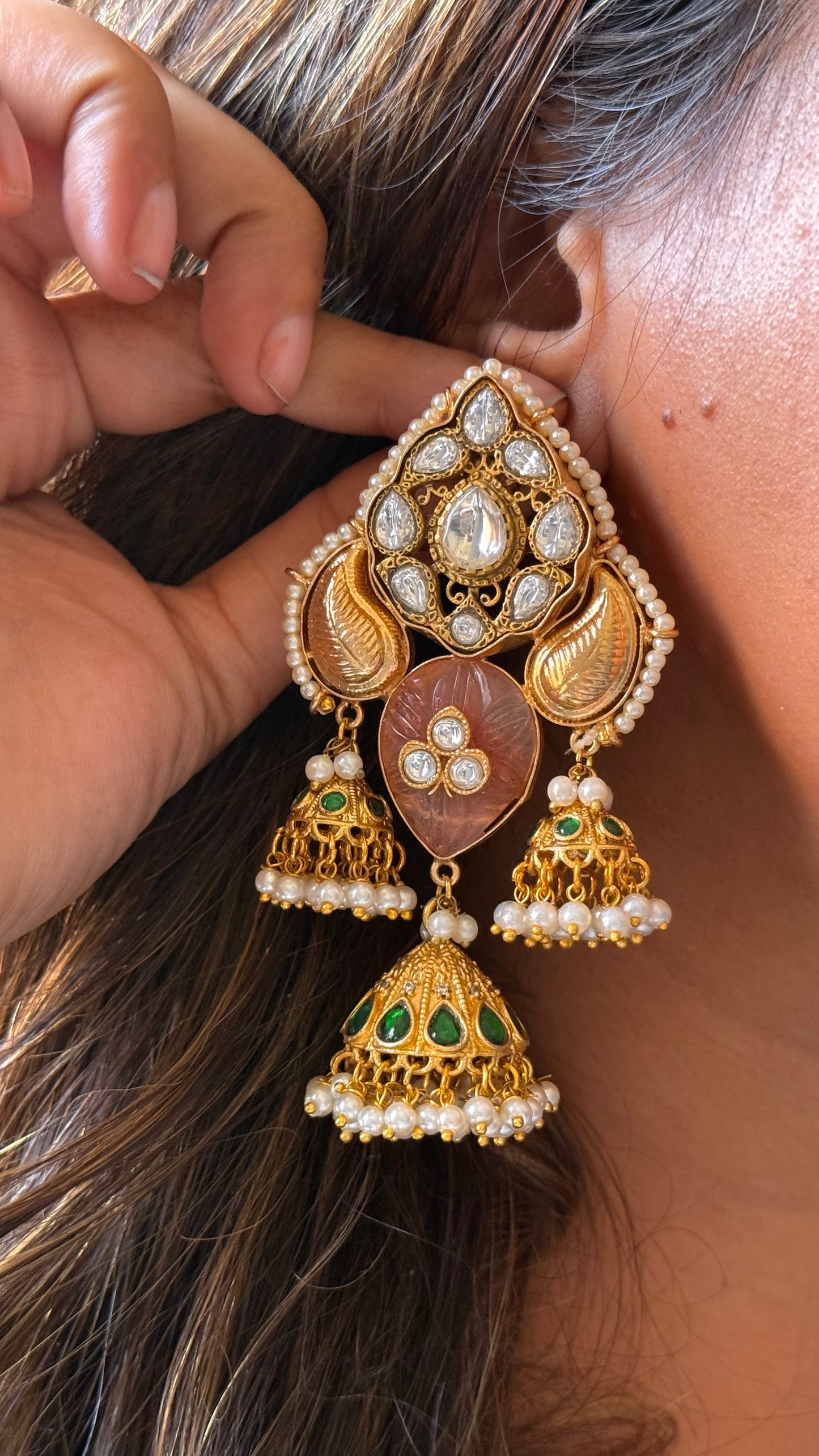 Rose Quartz triple jhumki Kashmiri earring with emerald detailing