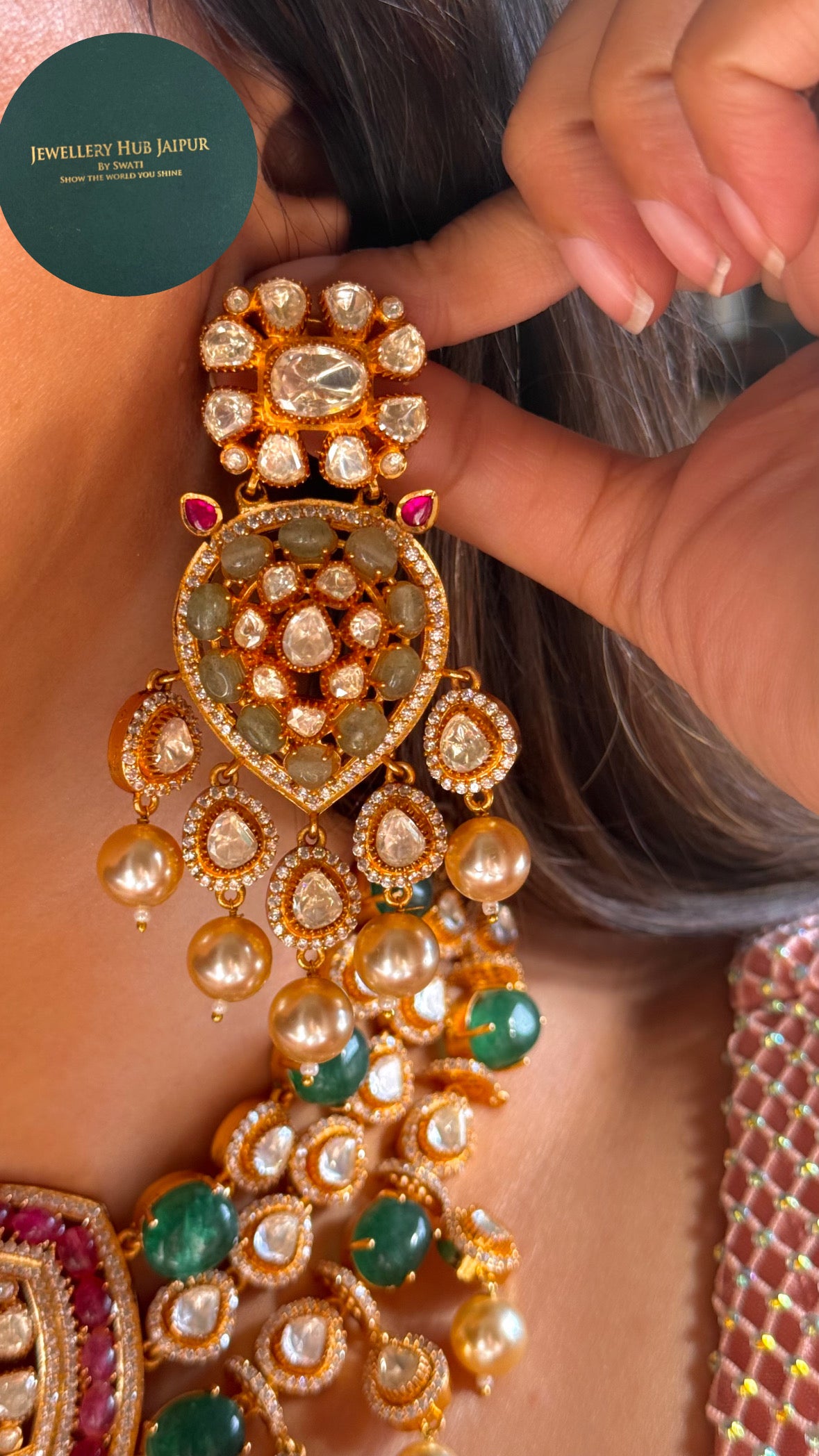 Real moissanite Ruby & Emerald designer polki necklace