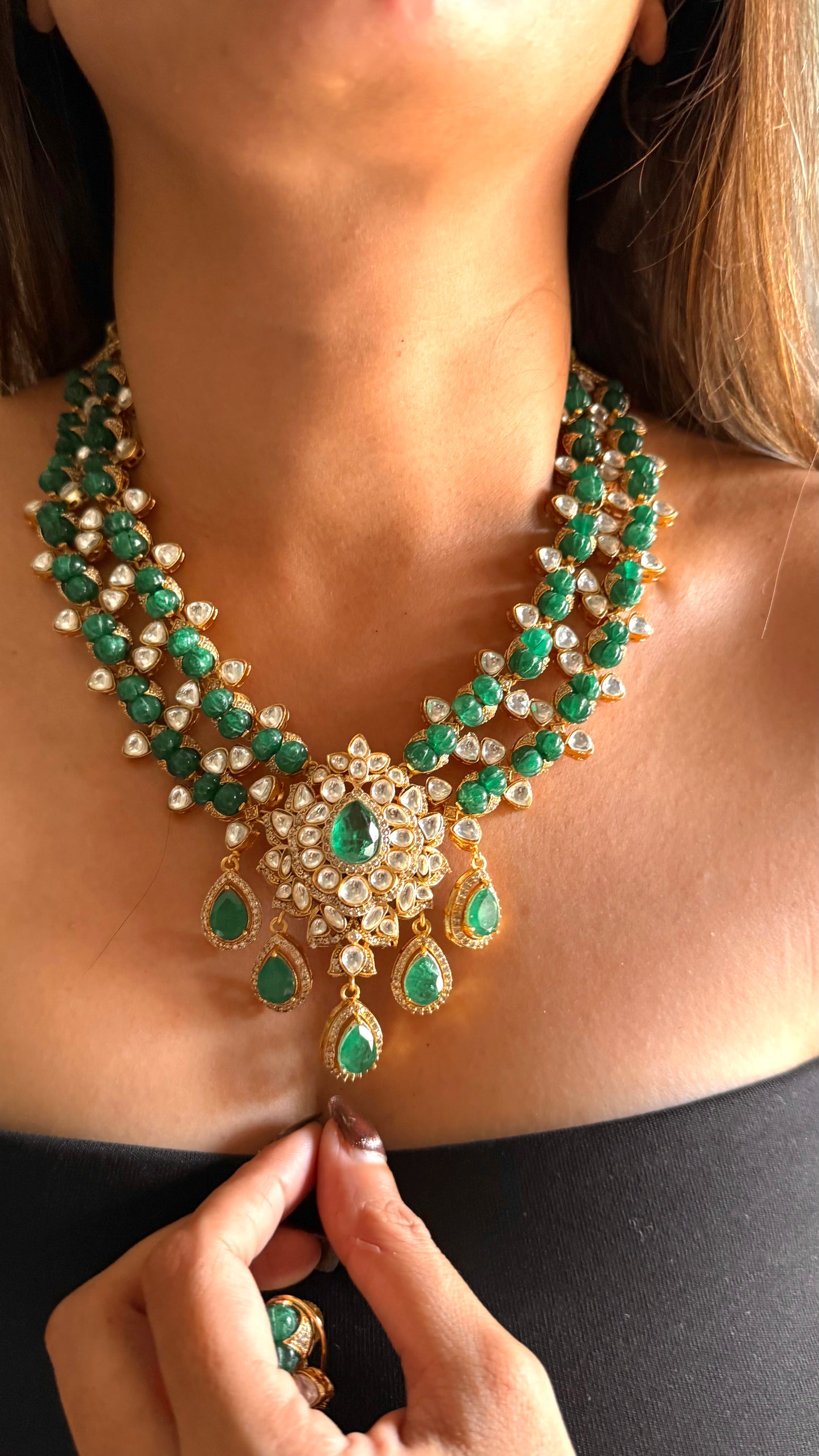 Emerald doublet moissanite dual layer set