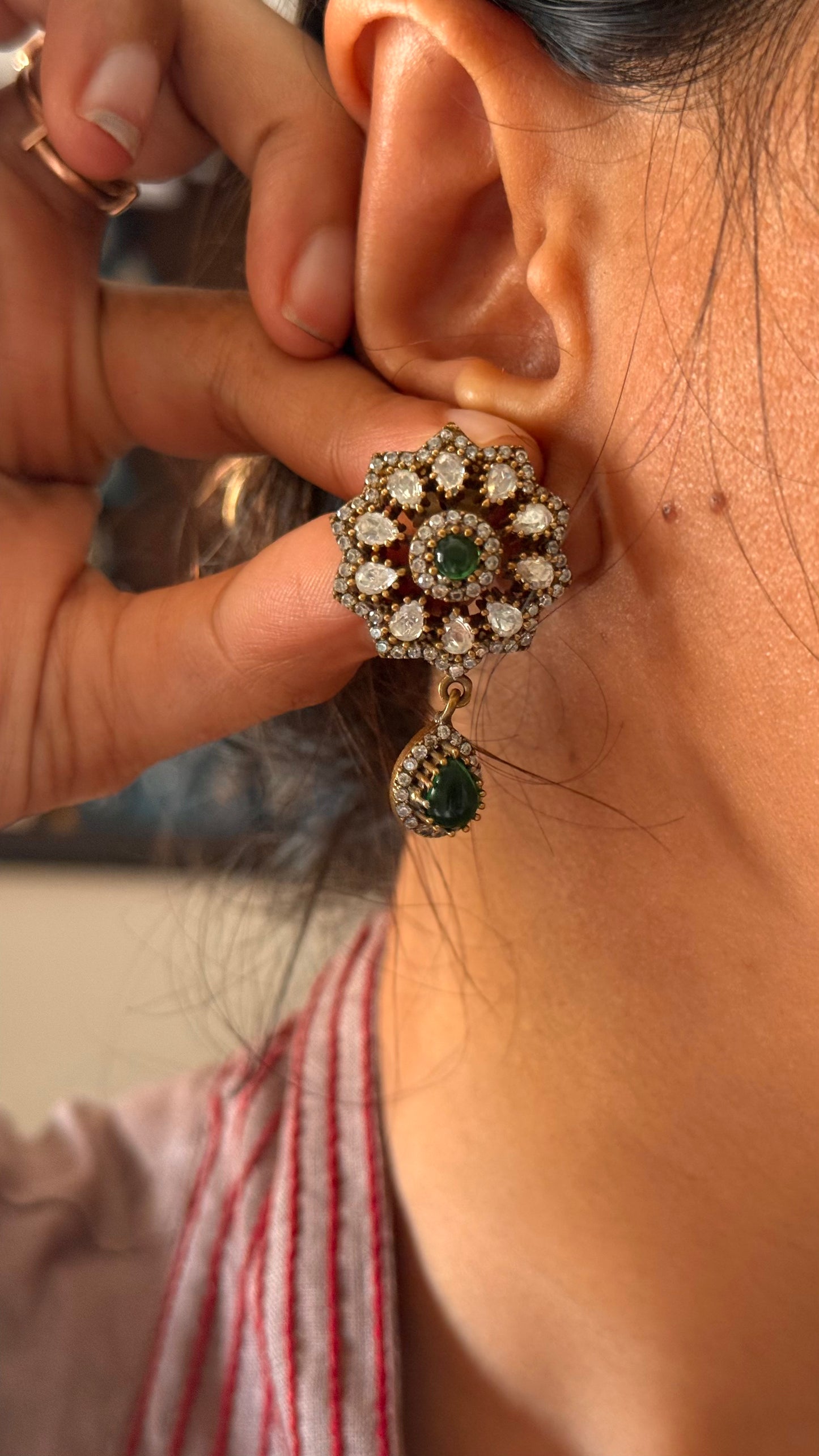 Emerald doublet moissanite victorian floral with emerald drop studs