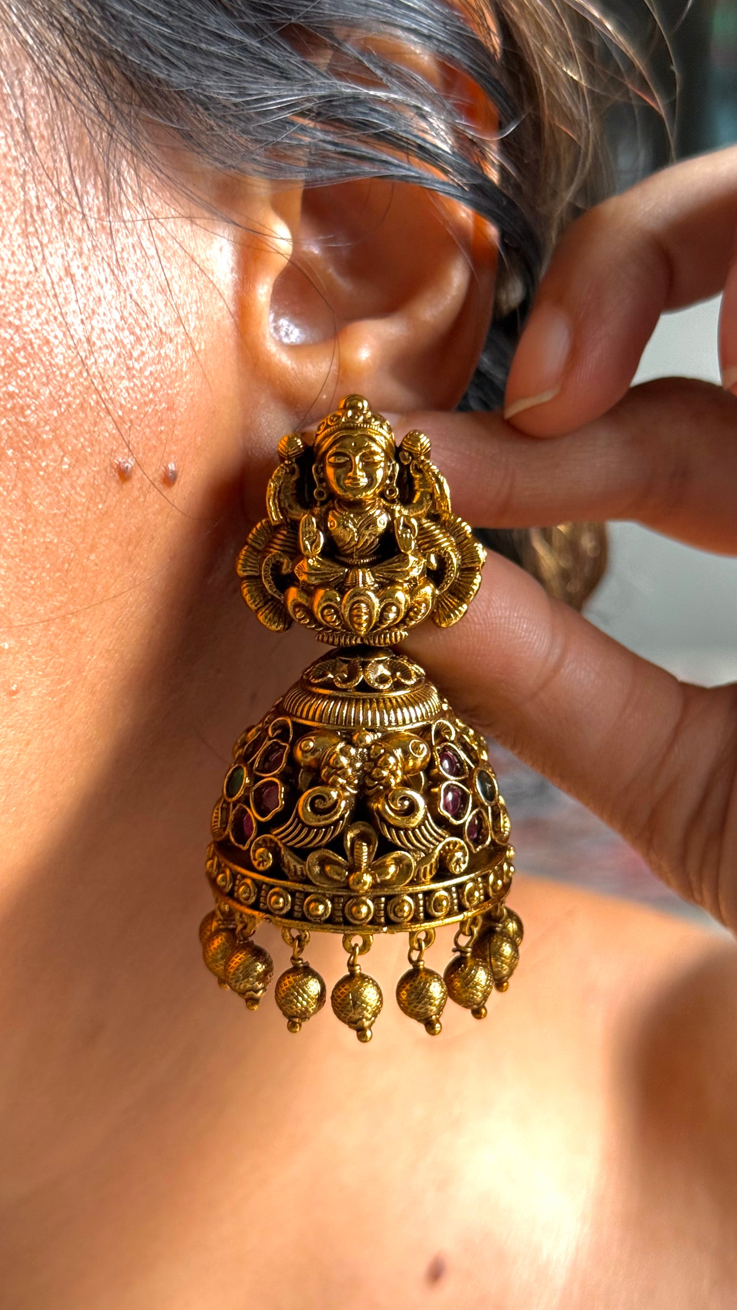 Goddess Laxmi Temple oxidised, gold jhumka