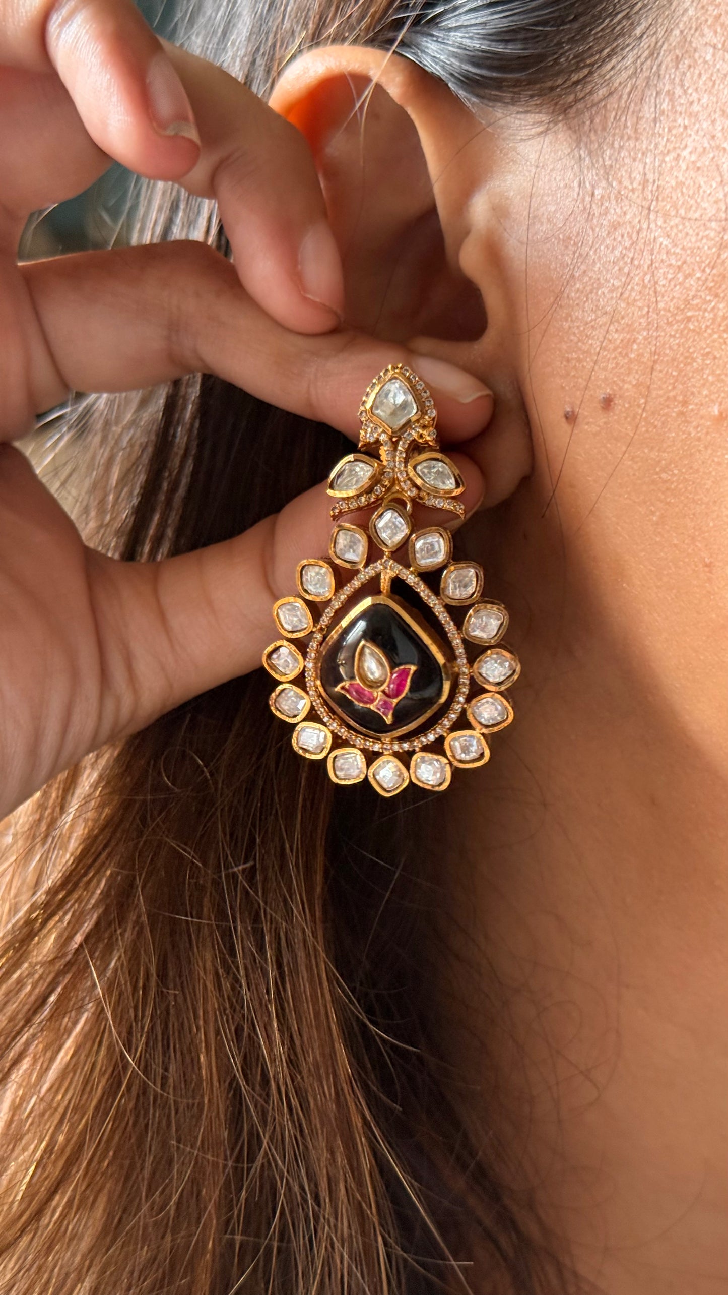 Moissanite triple leaf pattern, Sabyasachi inspired danglers