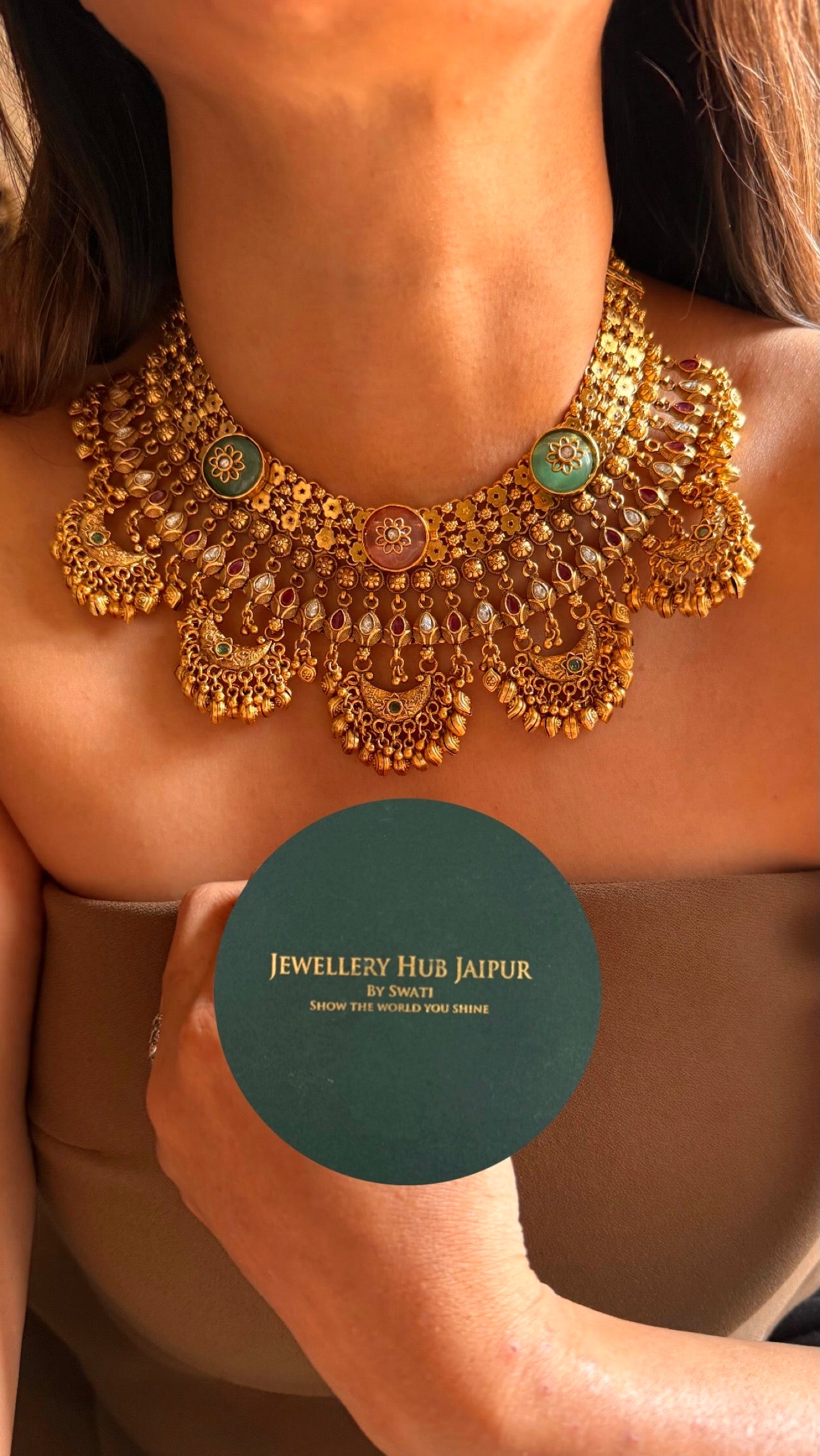 Rose quartz & mint with golden drops Rajwada Necklace