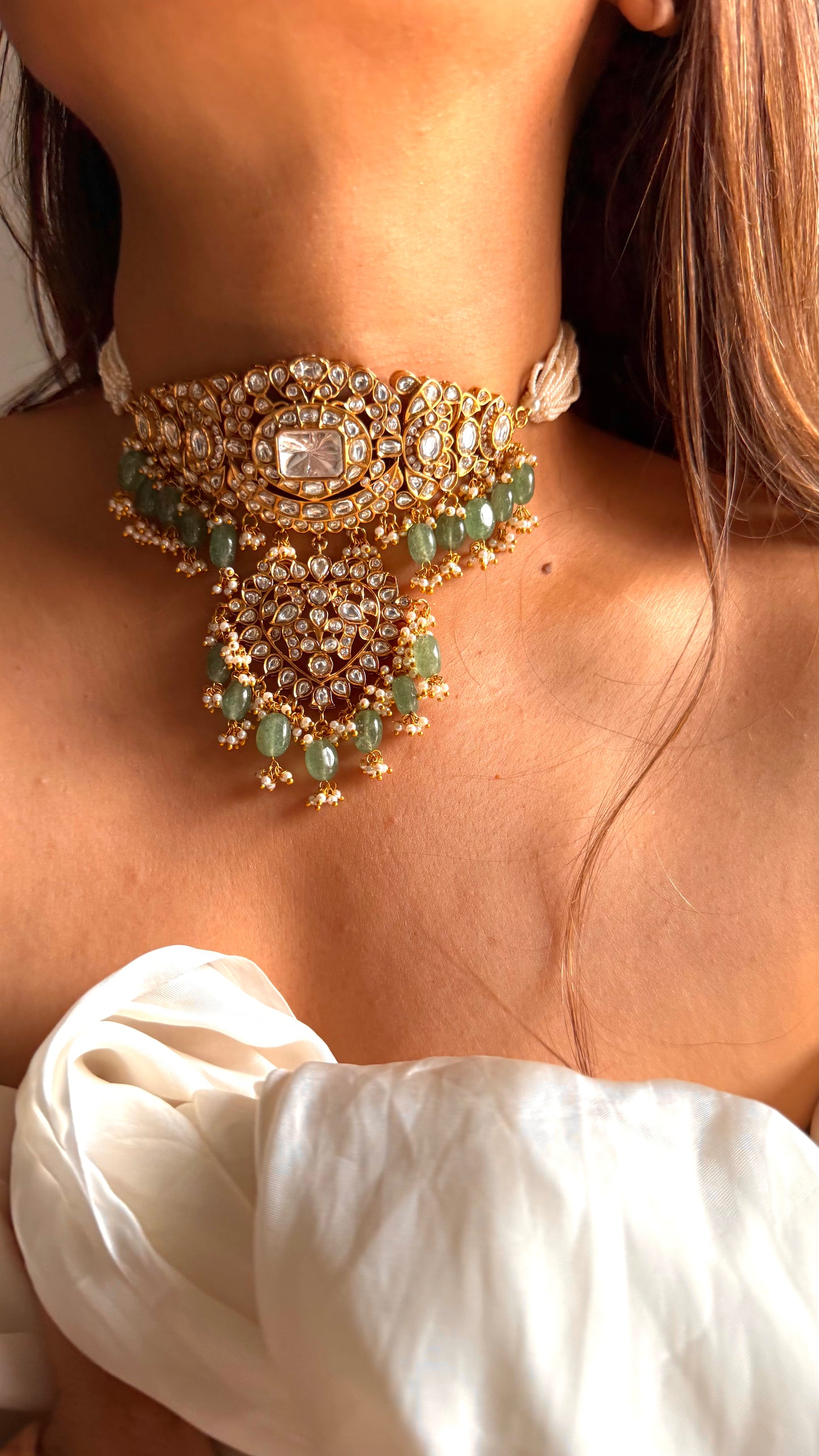 Rukmani Moissanite polki rajwada choker with mint drop