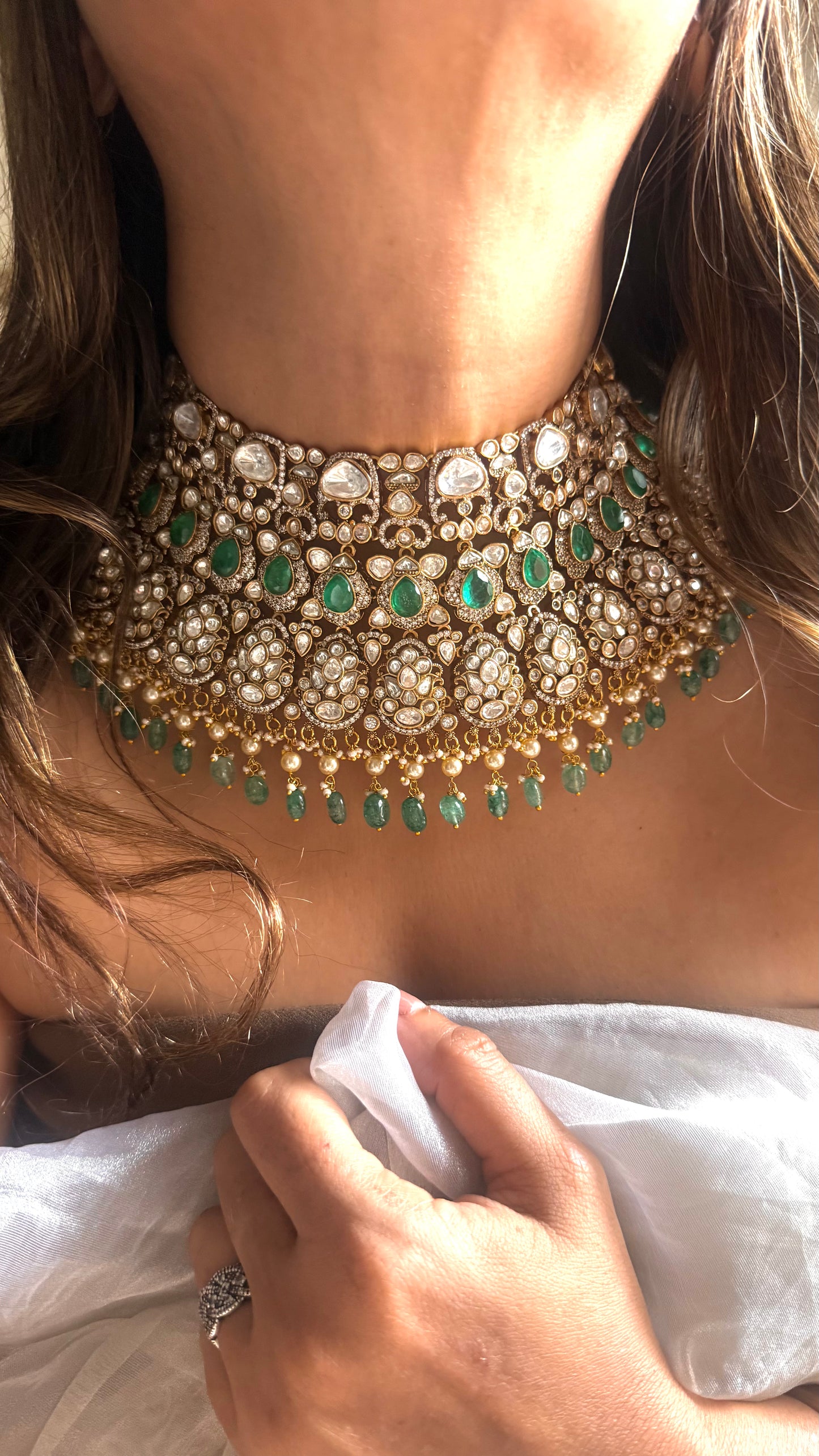 Emerald & Turquoise doublet choker with uncut polki detailing