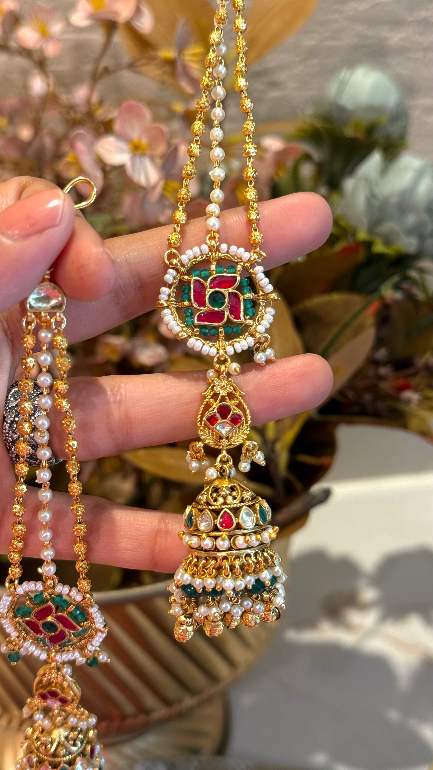 Handmade Swastik jhumki with triple line earchain